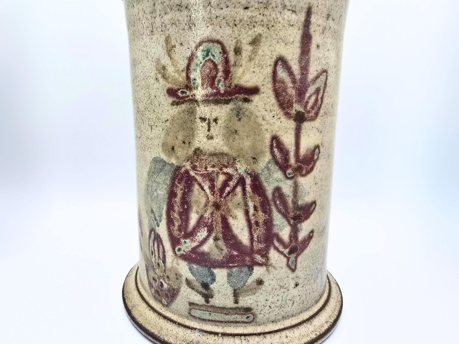 photo vinterior Vintage Gustave Reynaud For Le Mûrier Vallauris Studio Pottery Canister With Lid. Figure And Flowers Decoration