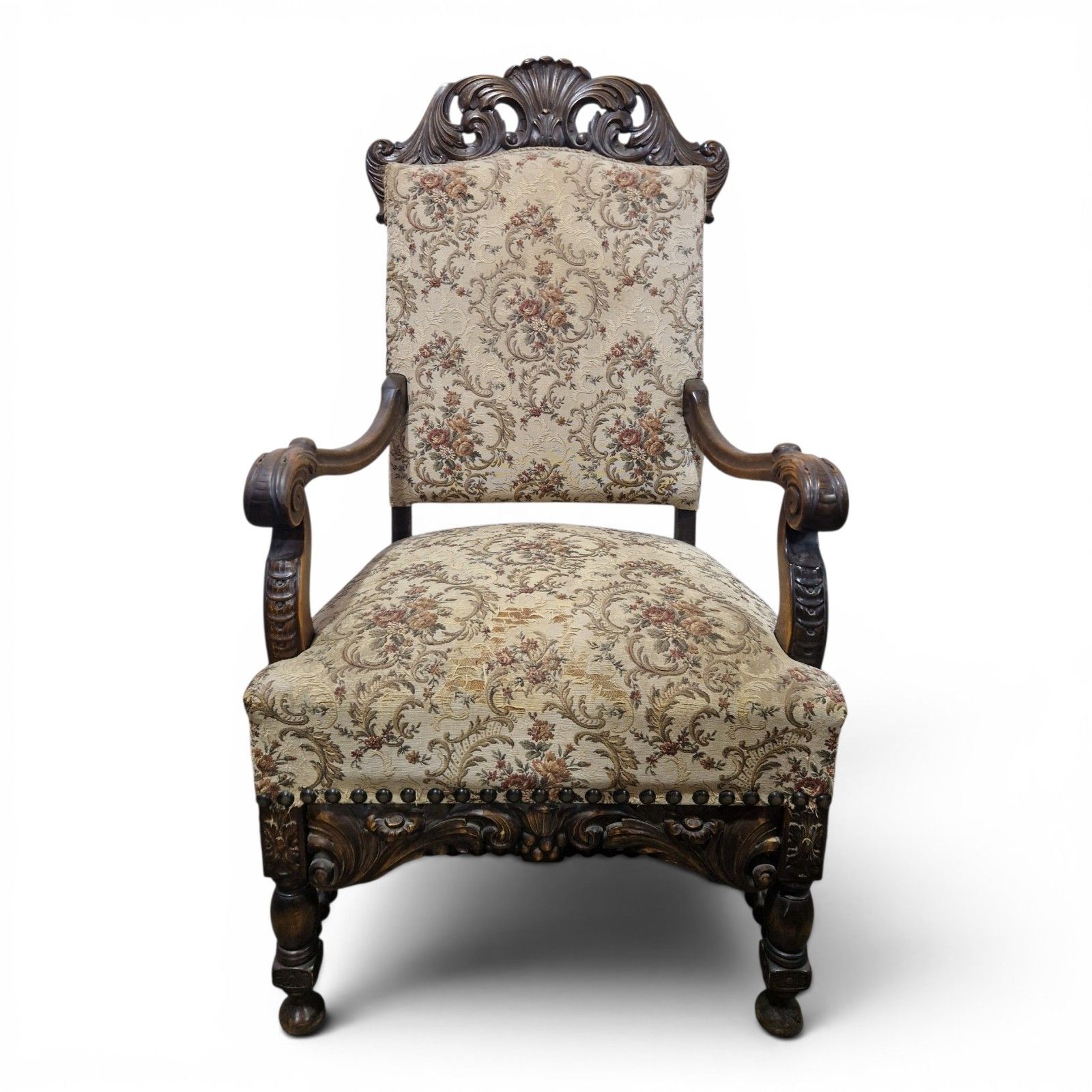 Antique Large Continental Throne Armchair Carved Oak Renaissance Revival photo furniture