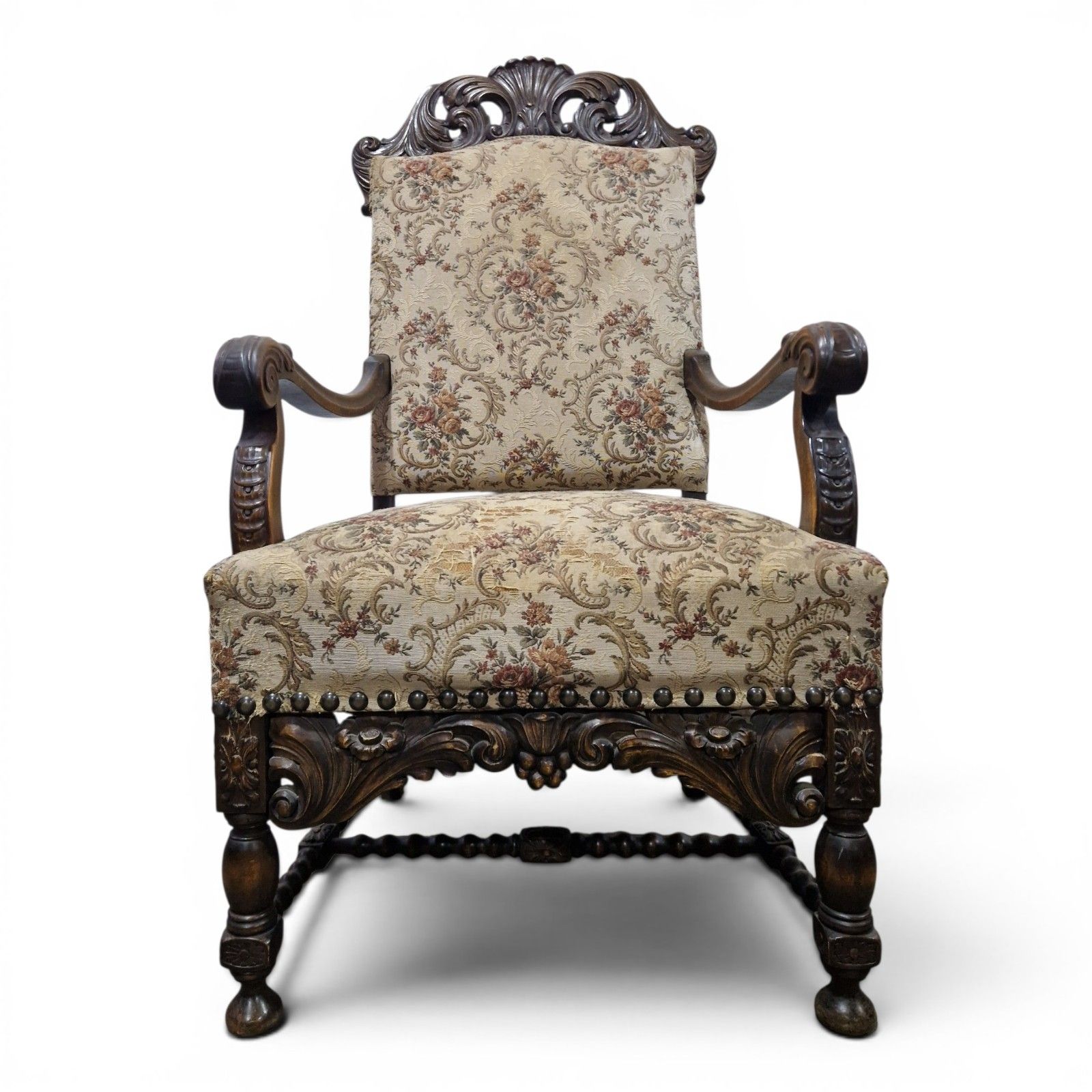 Antique Large Continental Throne Armchair Carved Oak Renaissance Revival photo Furniture