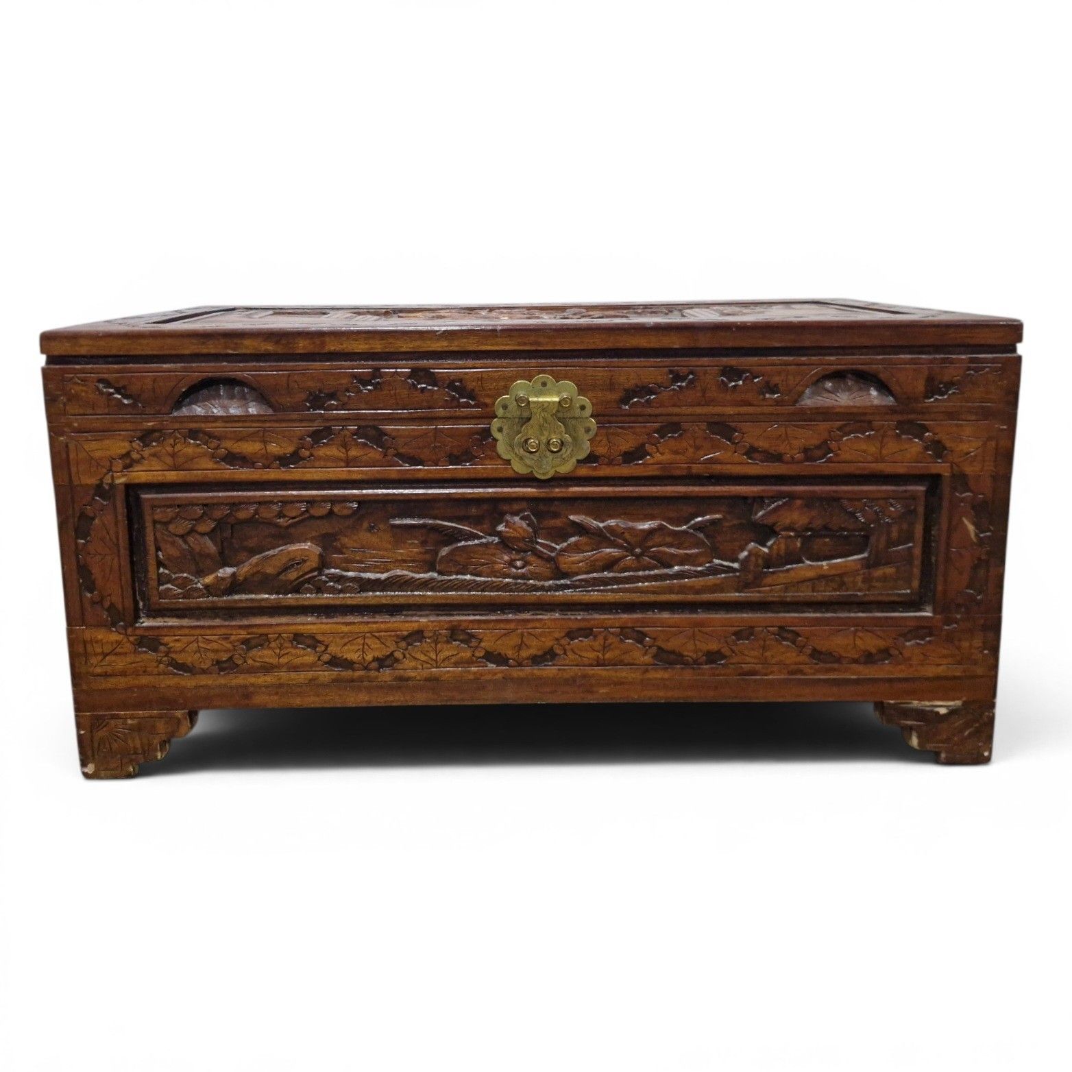 Oriental Camphor Wood Blanket Box Heavily Carved Storage Chest Trunk photo furniture