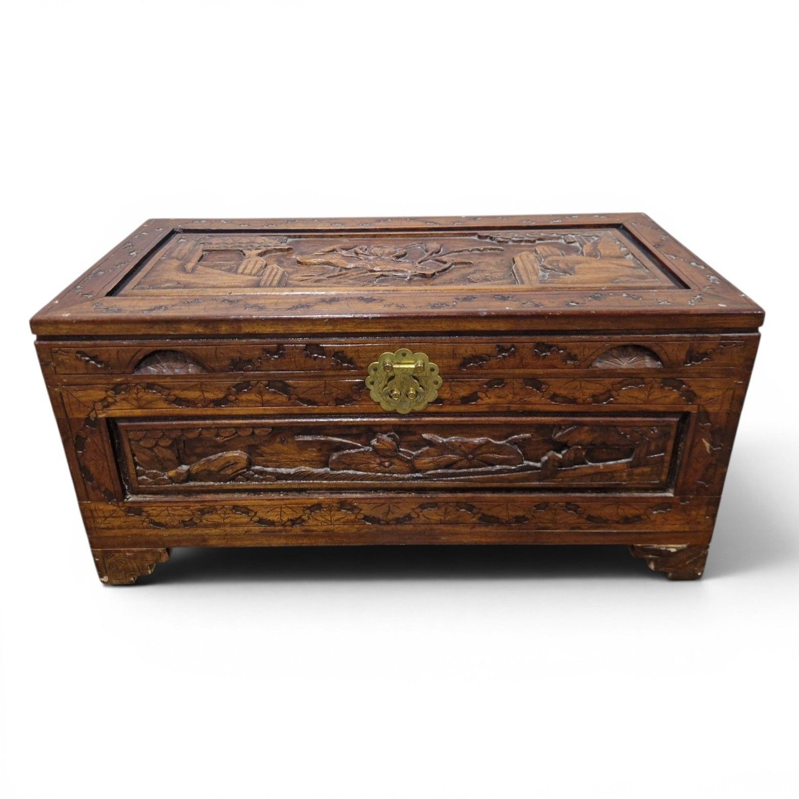 Oriental Camphor Wood Blanket Box Heavily Carved Storage Chest Trunk photo Furniture