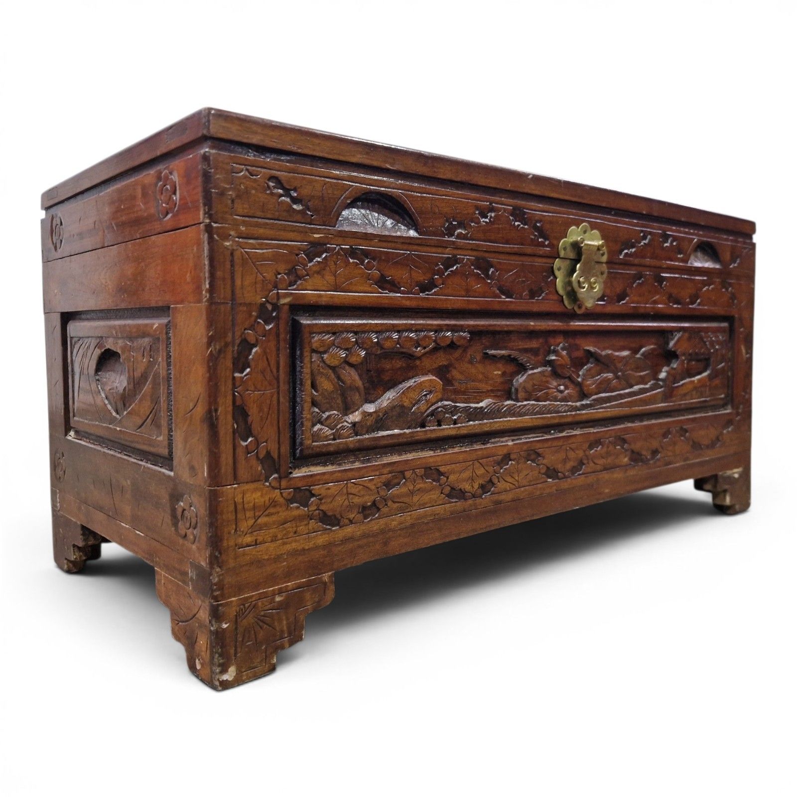 Oriental Camphor Wood Blanket Box Heavily Carved Storage Chest Trunk photo 195.0
