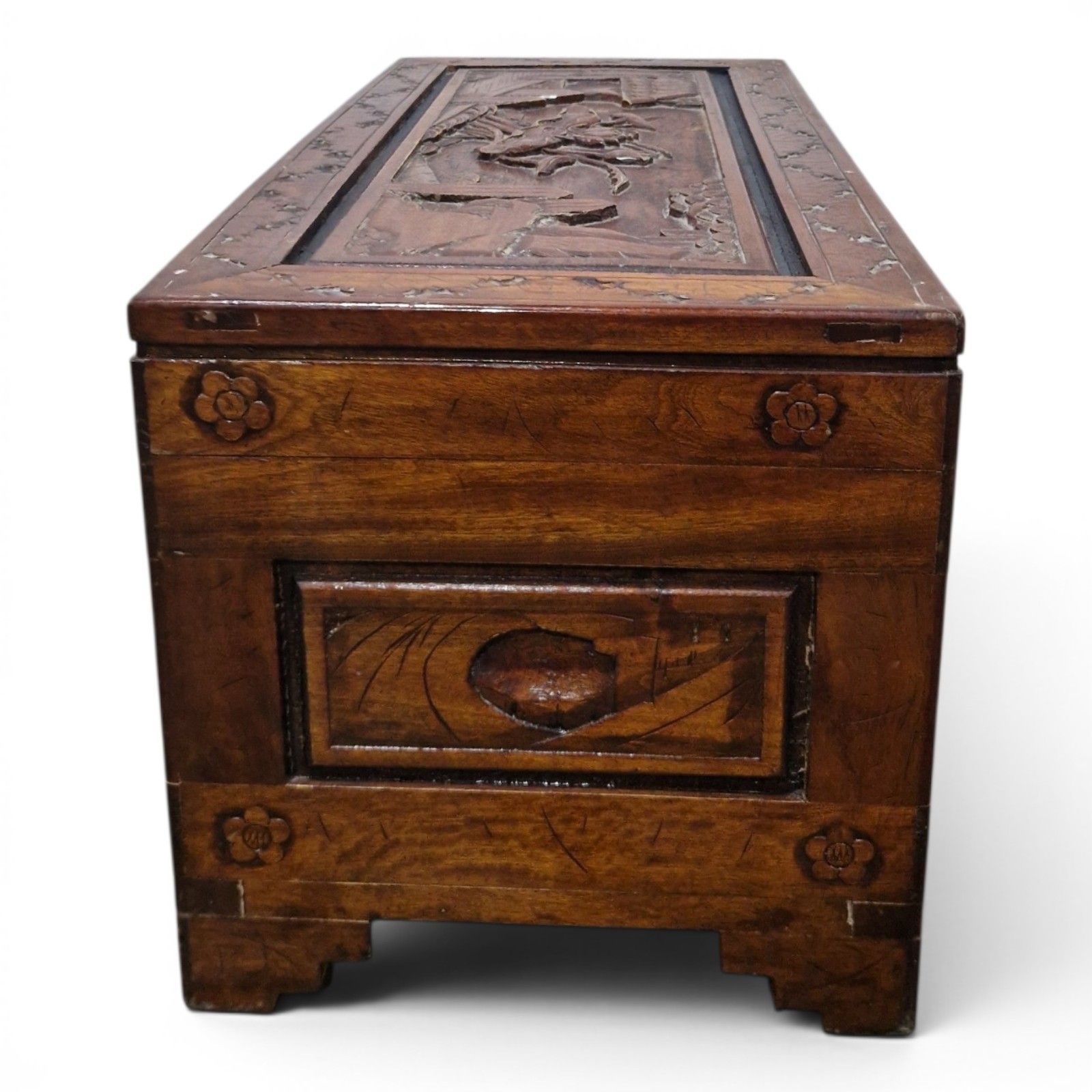 photo vintage Oriental Camphor Wood Blanket Box Heavily Carved Storage Chest Trunk