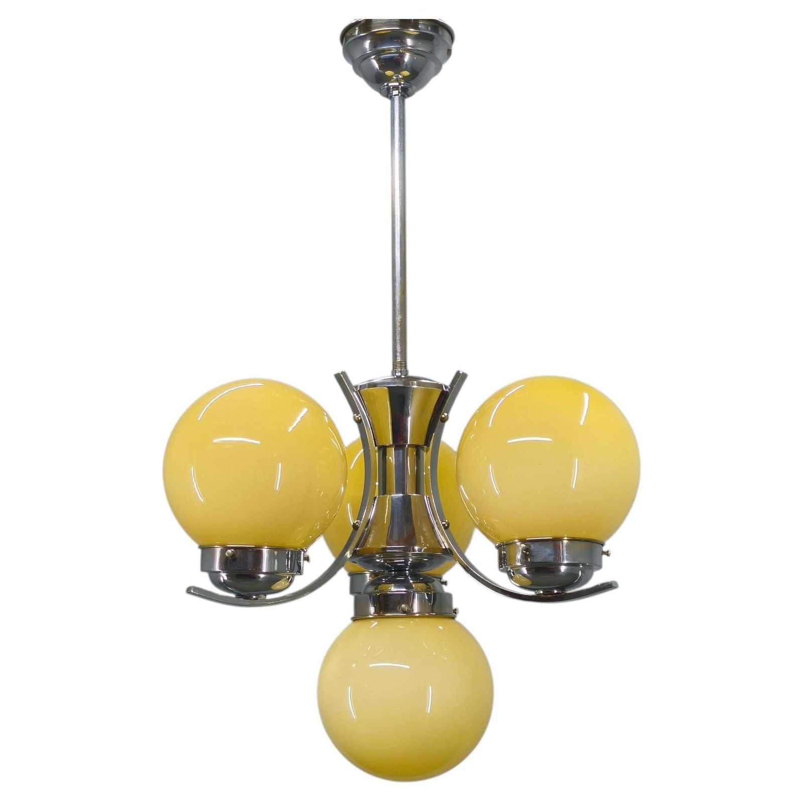 Art Deco Chrome And Opaline Glass Chandelier, Czechoslovakia