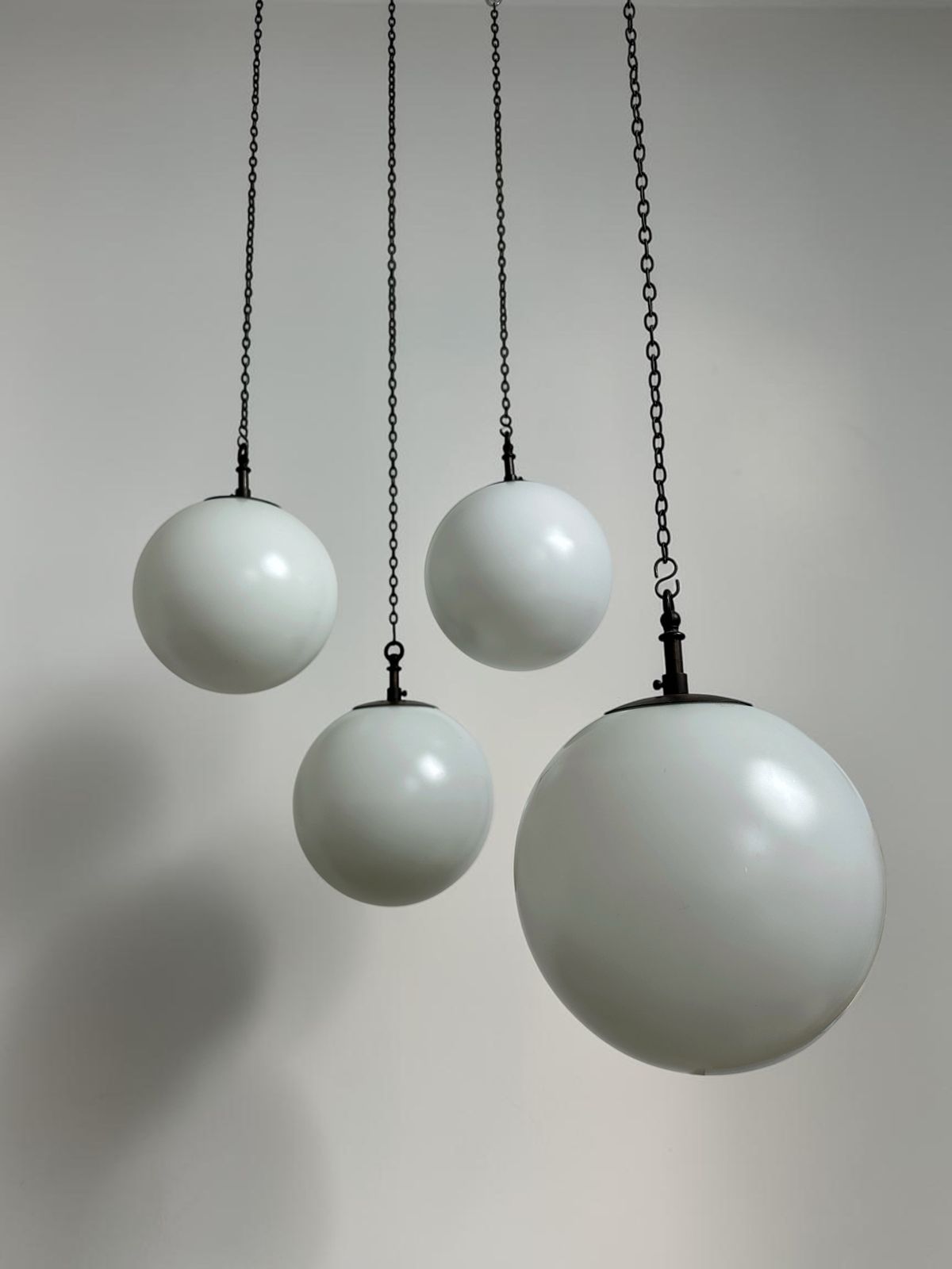 Run Set Antique Church Opaline Milk Glass Pearlescent Glass Globe Ceiling Pendant Light By Hailwood & Ackroyd photo for sale