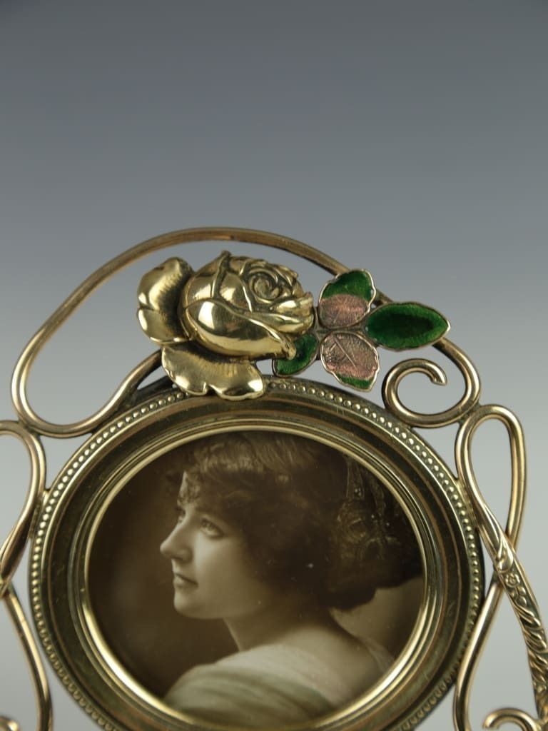 Antique Art Nouveau Brass Photo Frame With Rose And Enamel Design photo furniture