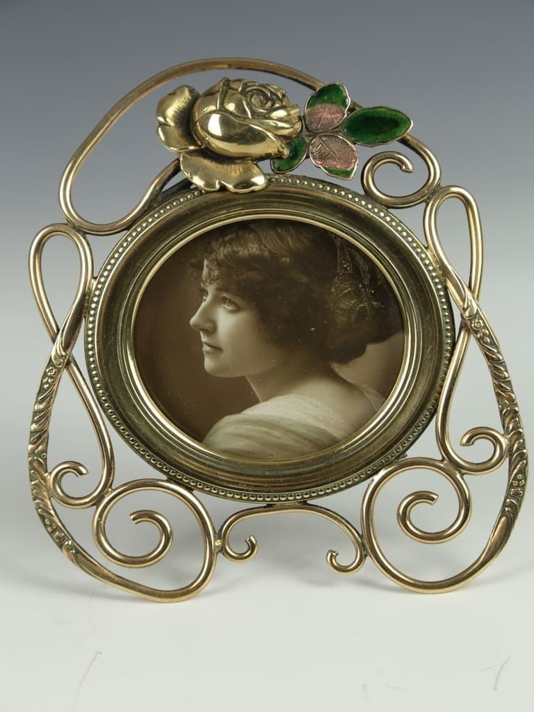 Antique Art Nouveau Brass Photo Frame With Rose And Enamel Design photo Home Decor