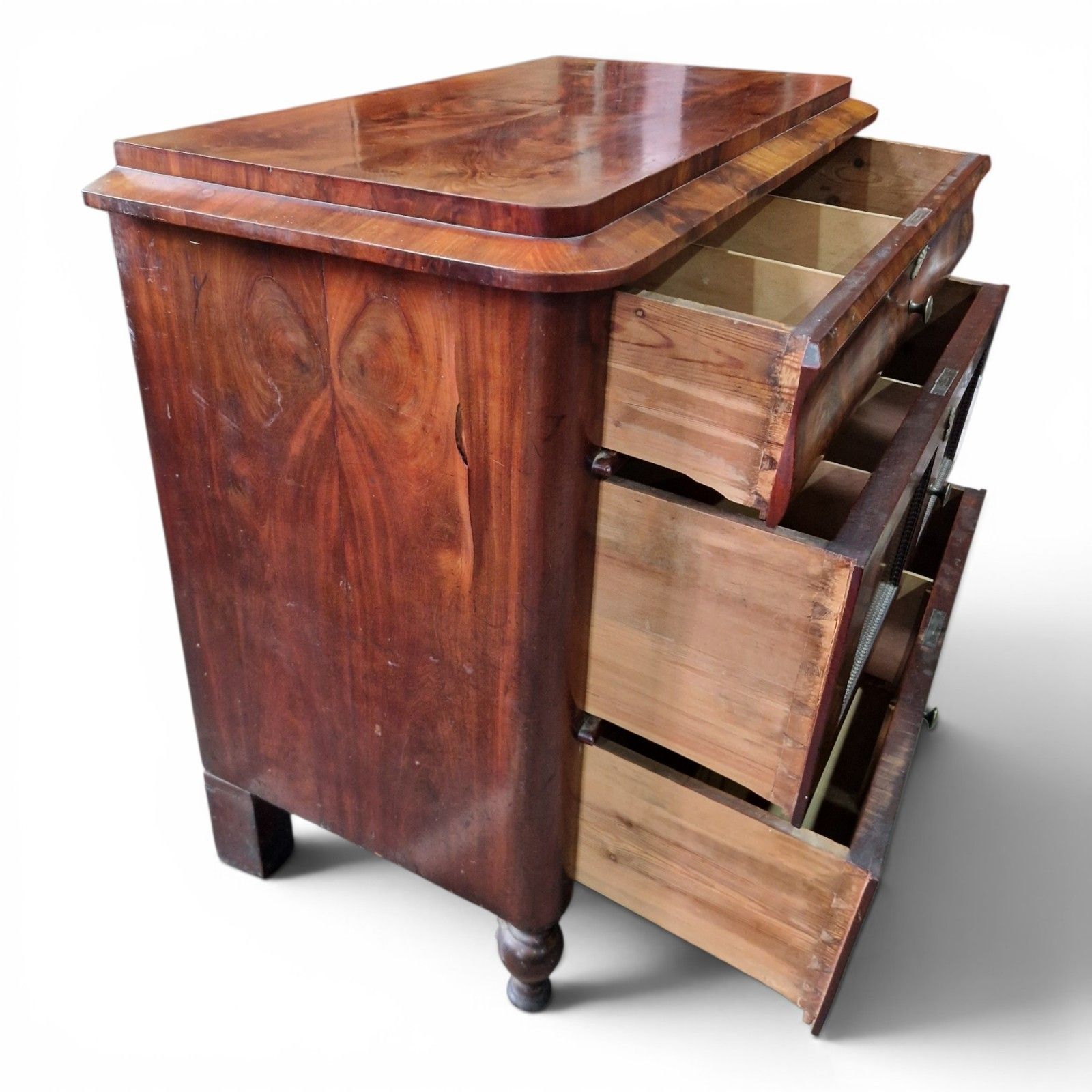 photo for sale Antique Continental Flame Mahogany Chest Of 3 Drawers Biedermeier Style