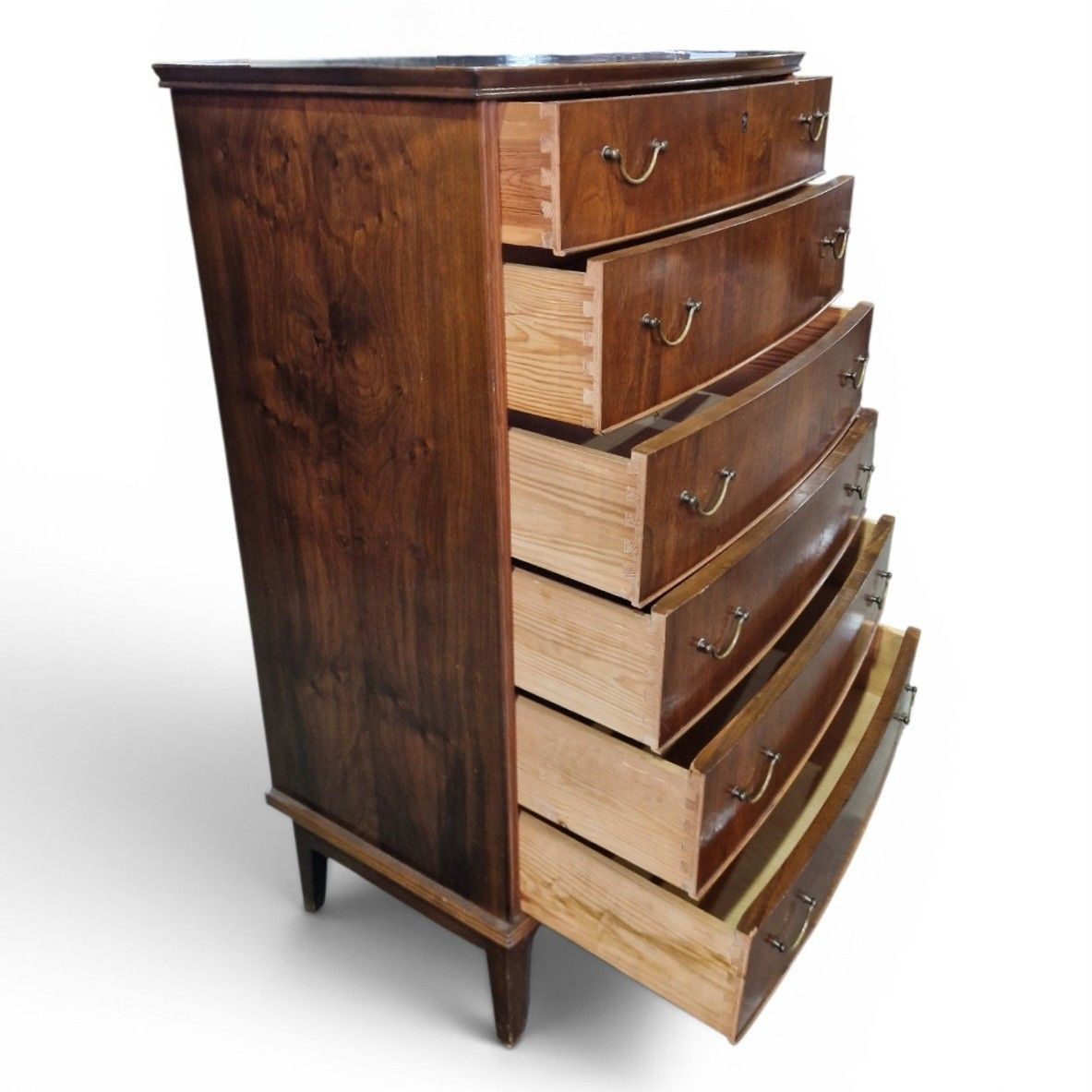 photo vinterior Mid Century Bow Front Chest Of 6 Drawers Tallboy Tall Chest Vintage Retro