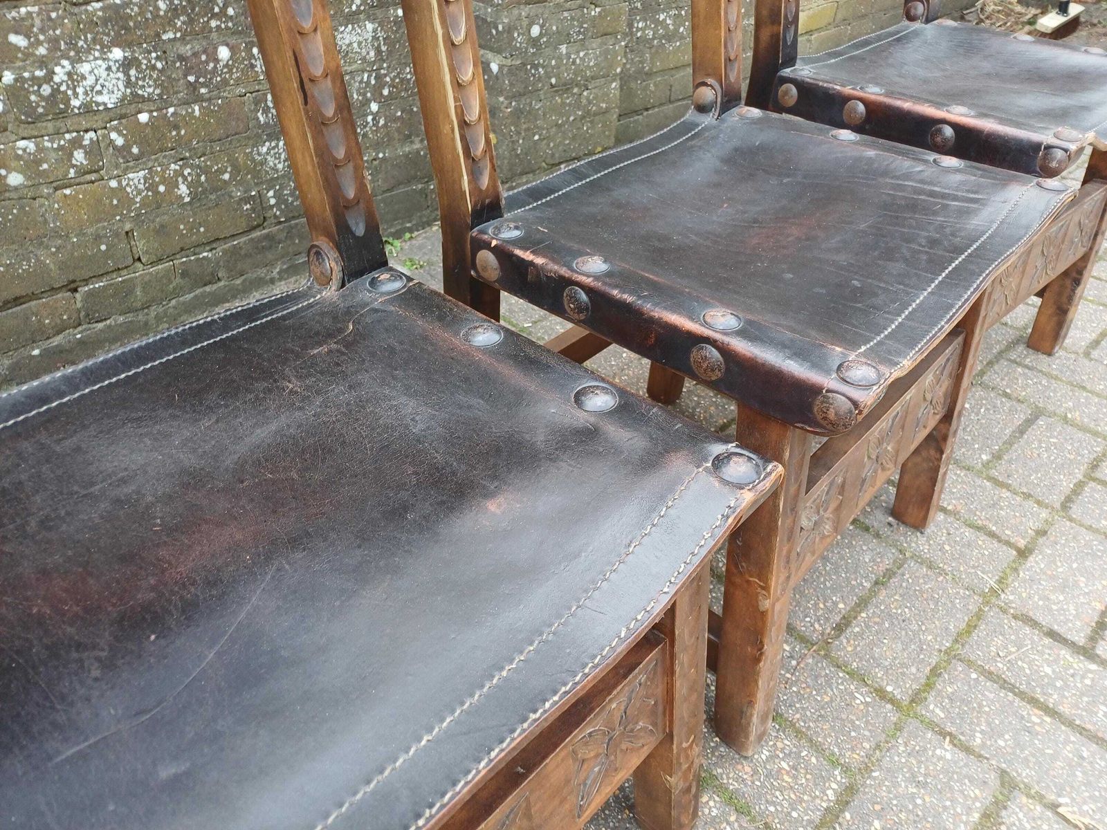 Set Of 4 Vintage Spanish Style Oak And Leather Dining Chairs Carved Wood Studded Seats Rustic 1980s Kitchen Dining Chairs photo furniture