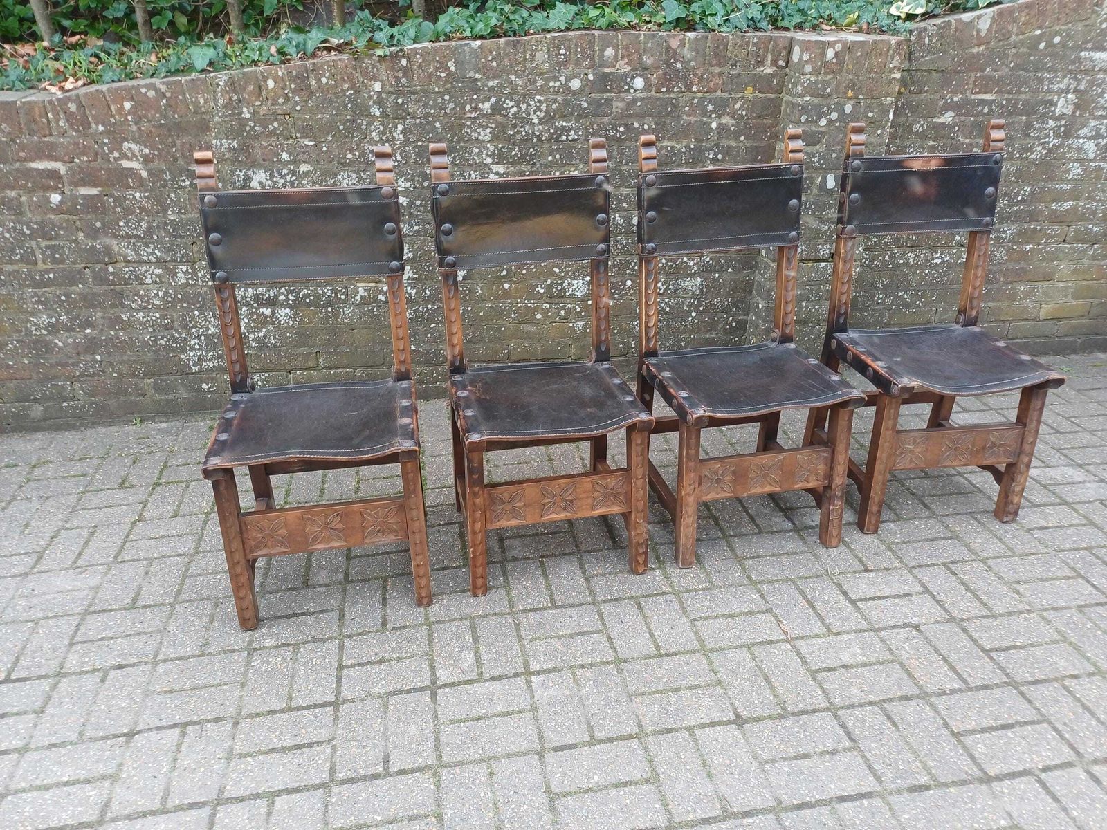 Set Of 4 Vintage Spanish Style Oak And Leather Dining Chairs Carved Wood Studded Seats Rustic 1980s Kitchen Dining Chairs photo for sale