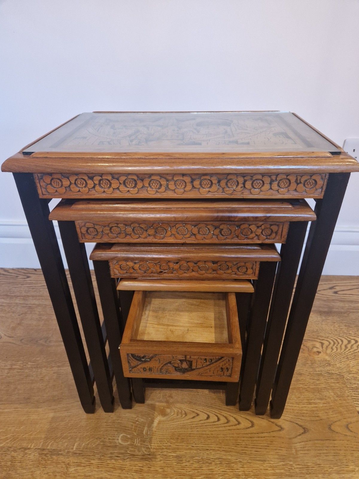 photo buy Vintage Chinese Camphor Wood Nest Of 4 Tables | Hand Carved Solid Wood