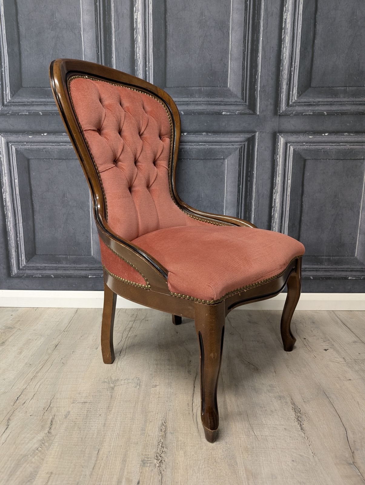 photo furniture Victorian Mahogany Spoon Back Ladies Chair, Deep Buttoned Pink Upholstery, Circa 1870
