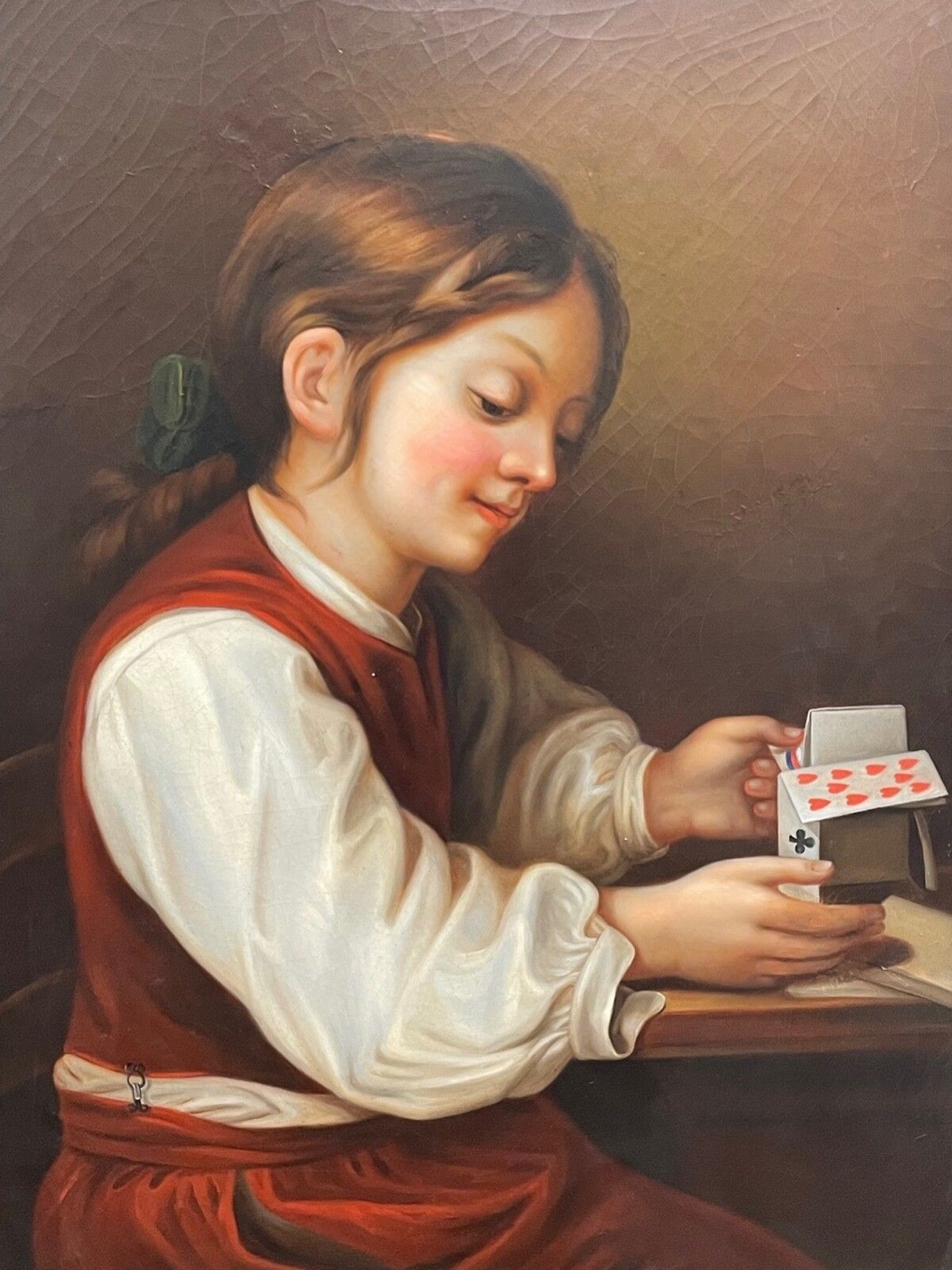 Large British Early Victorian Oil Painting Girl Playing House Of Cards photo furniture