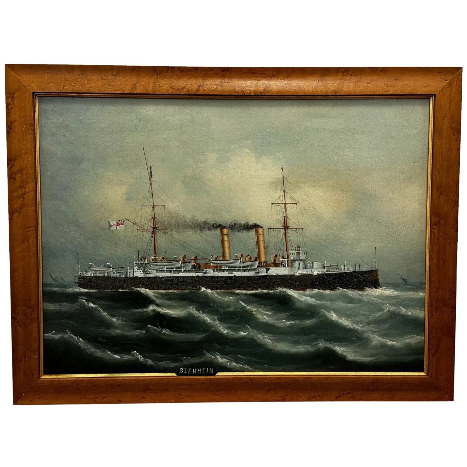 Early 20th Century Oil Painting Marine Ship Blake Class Cruiser Royal Navy Hms Blenheim