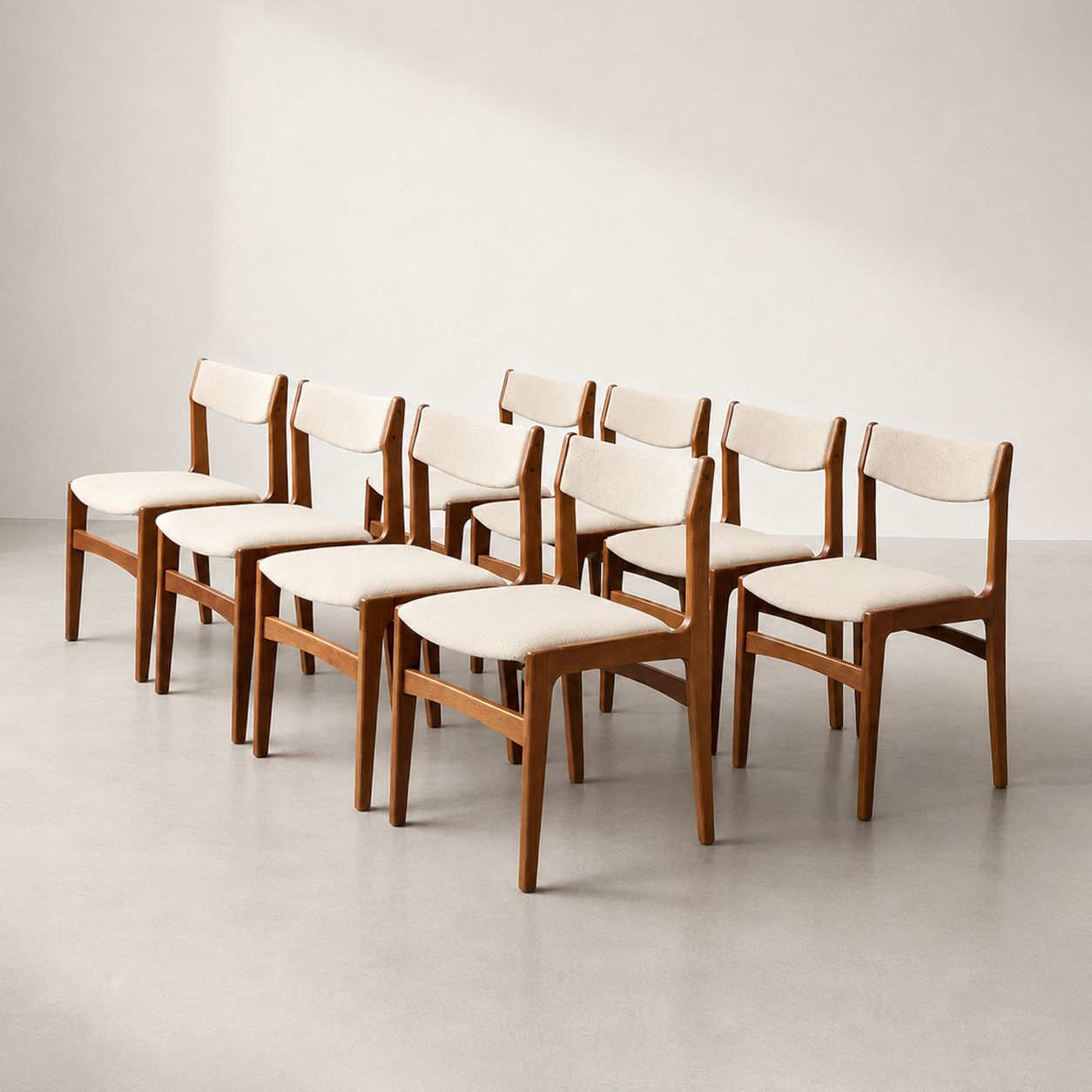 Set Of 8 Danish Mid Century Modern Dining Chairs By Erik Buch | Cream Upholstery | Scandinavian Design | Mcm Furniture