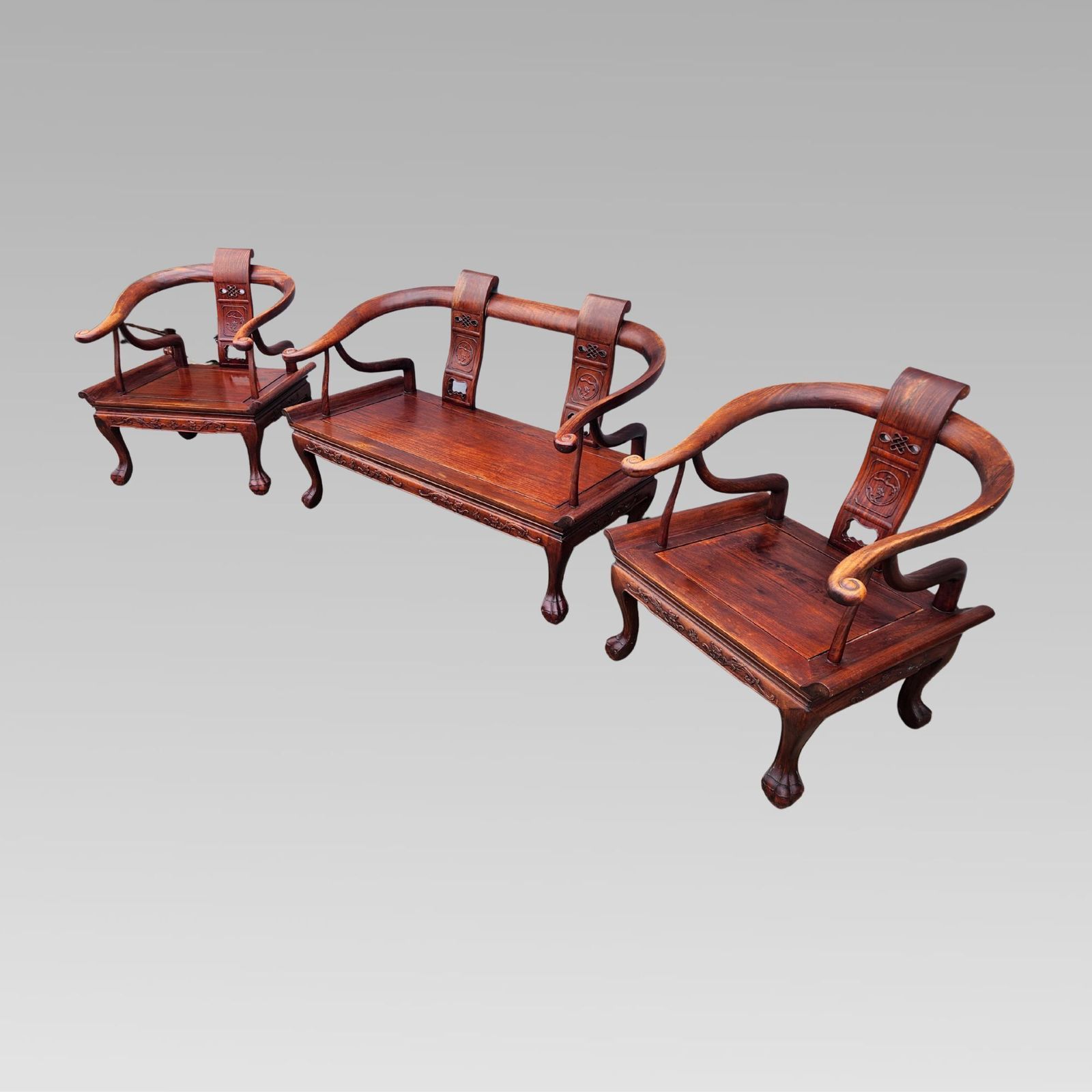 Fabulous Chinese Oriental Horse Shoe Hall Bench Or Settle + Armchairs photo for sale