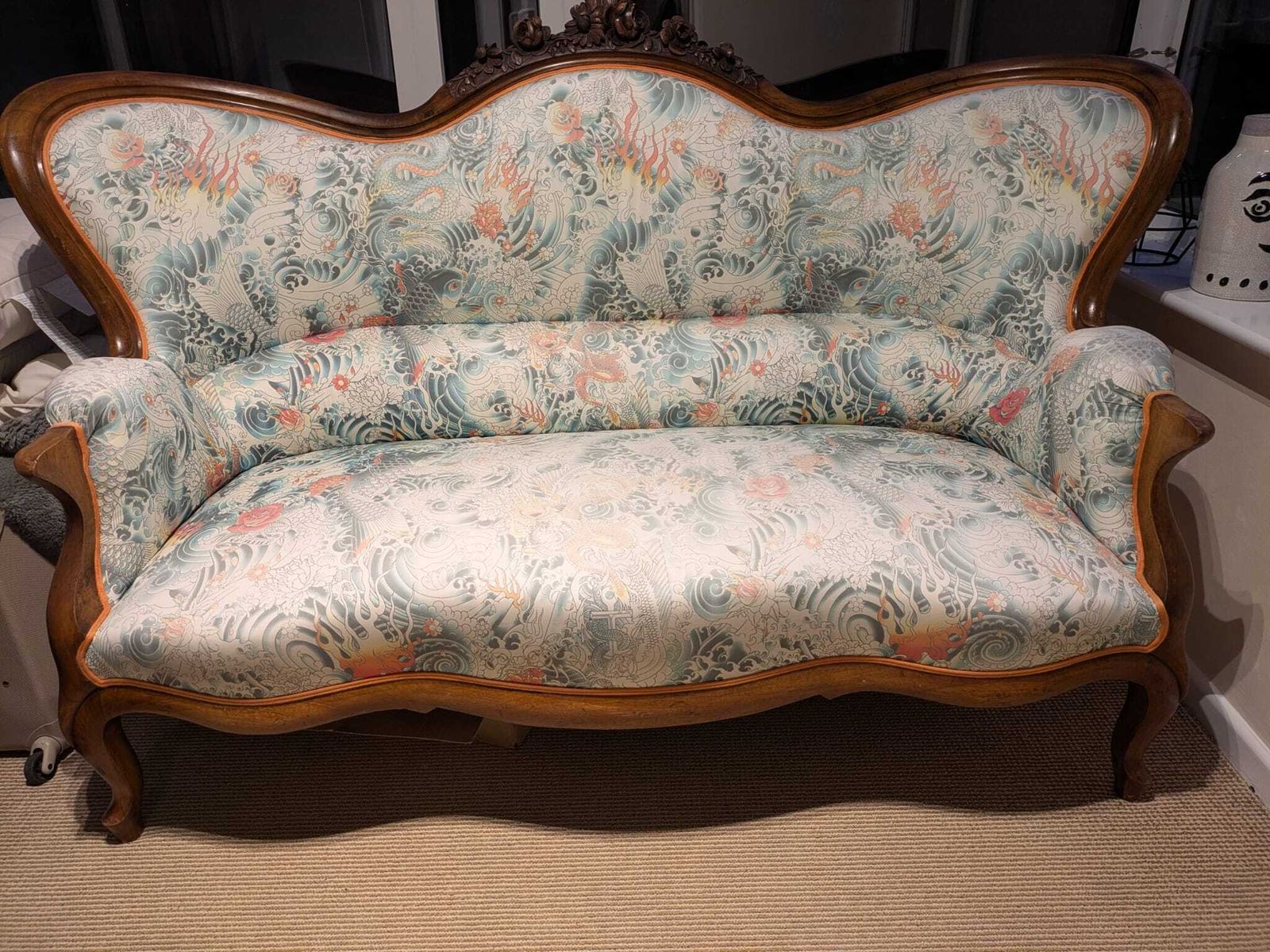 2  Authentic French Antique Canapé (Sofa) – Professionally Reupholstered In Jean Paul Gaultier Fabric photo for sale