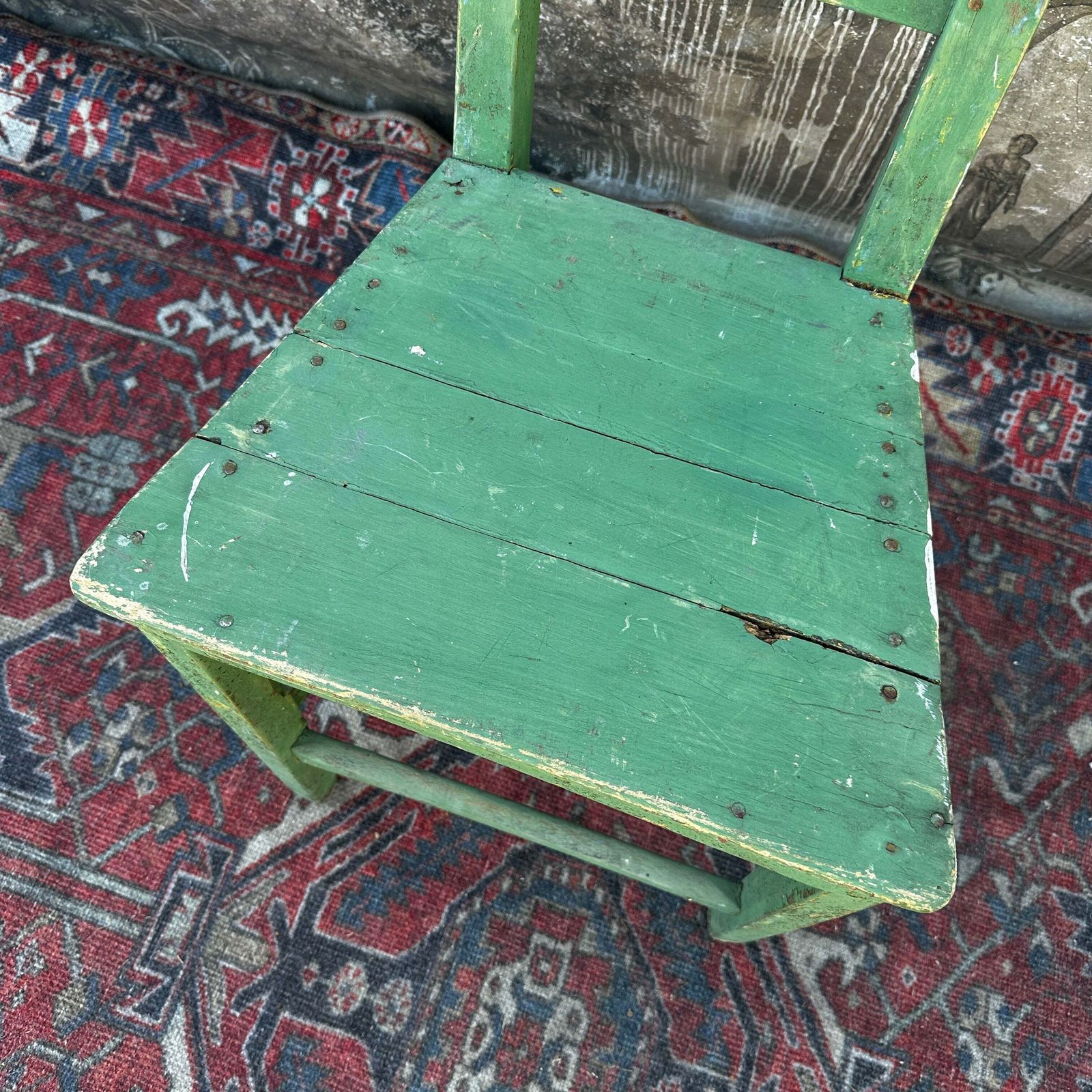 Rustic French Farmhouse Kitchen Chair — Original Green Paint photo 195.0