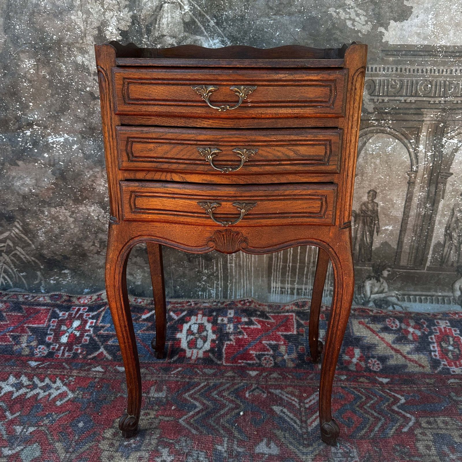 French Antique Louis XV Oak Nightstand With 3 Drawers photo furniture
