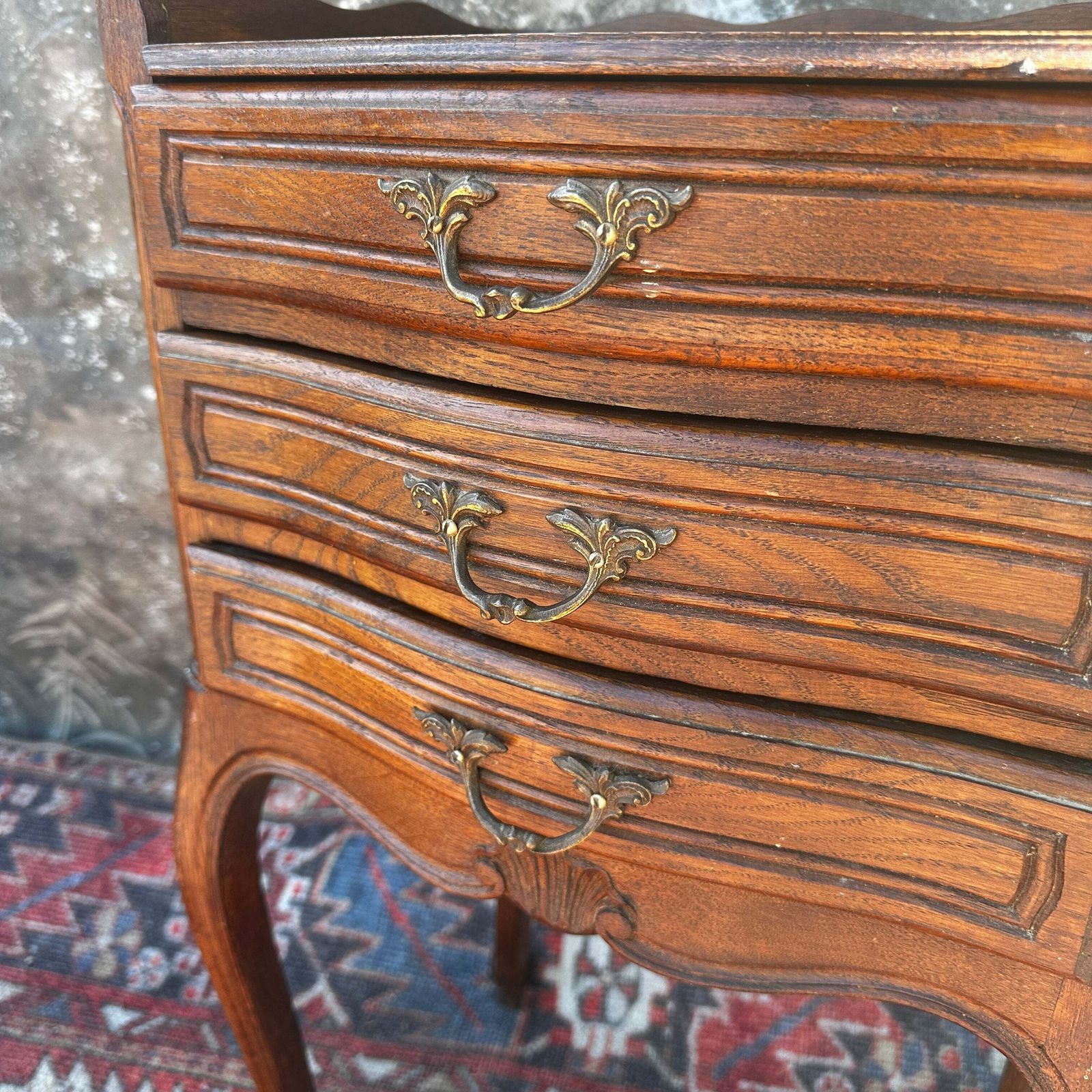 French Antique Louis XV Oak Nightstand With 3 Drawers photo for sale