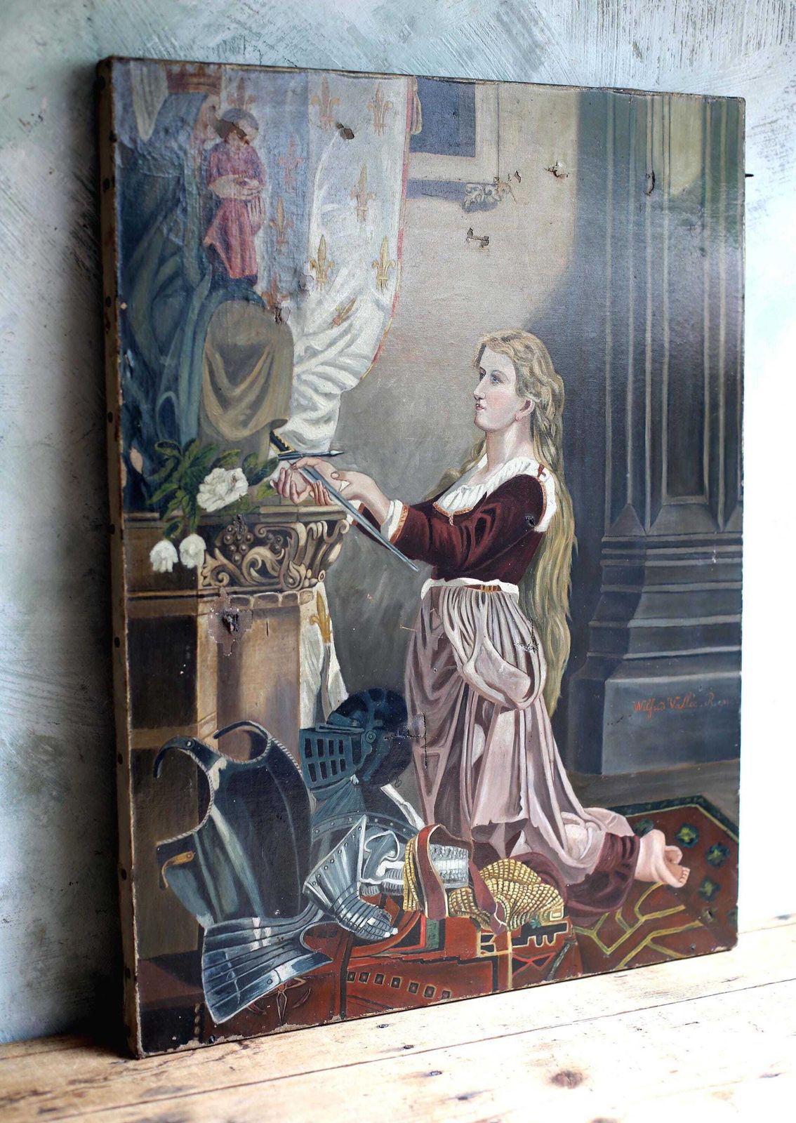 photo for sale Antique French Joan Of Arc & Madonna Oil Painting Portrait Virgin Mary Religious Art