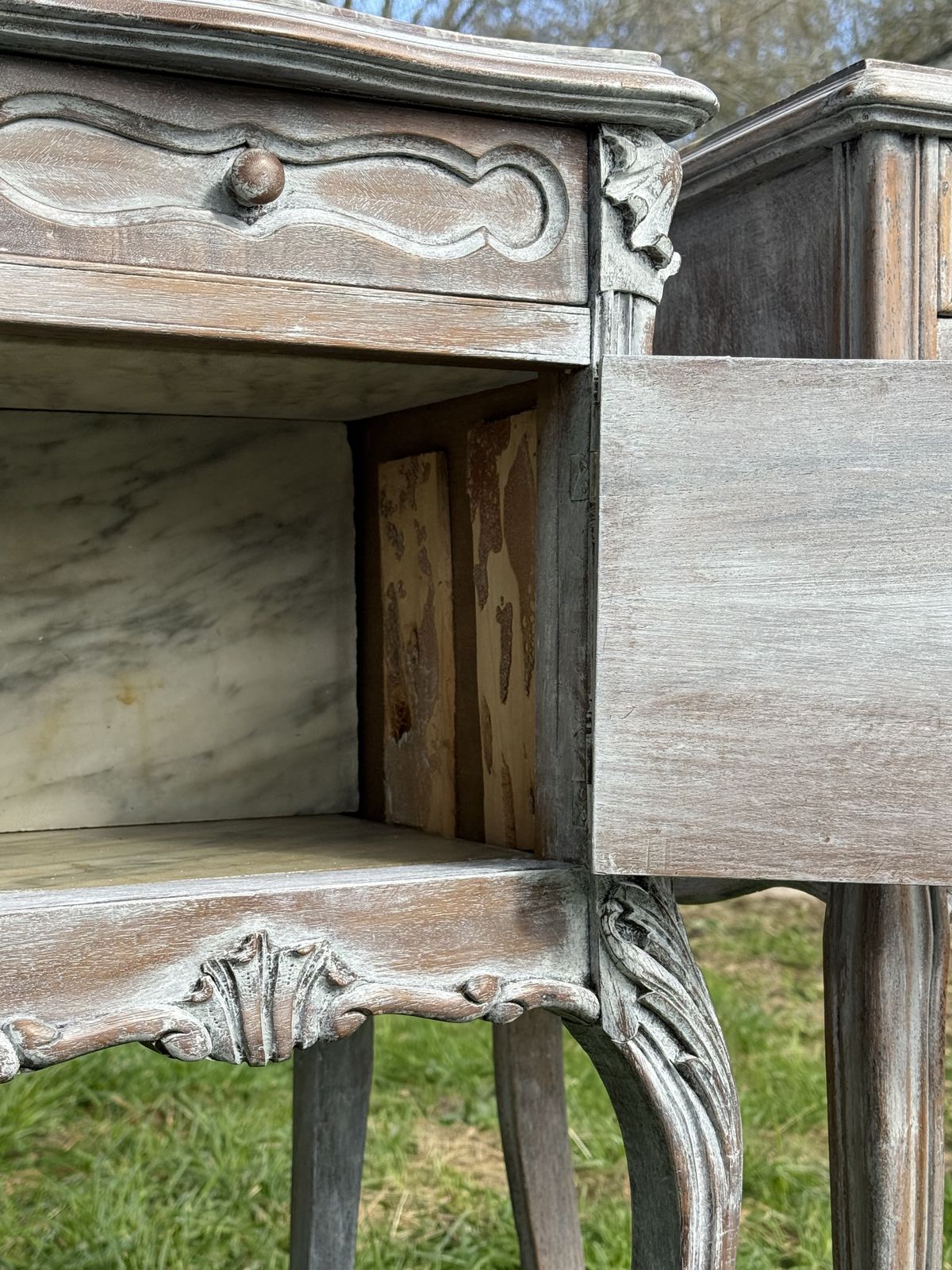 photo for sale Pair Of French Antique Bedside Tables Marble Topped Side Cabinets