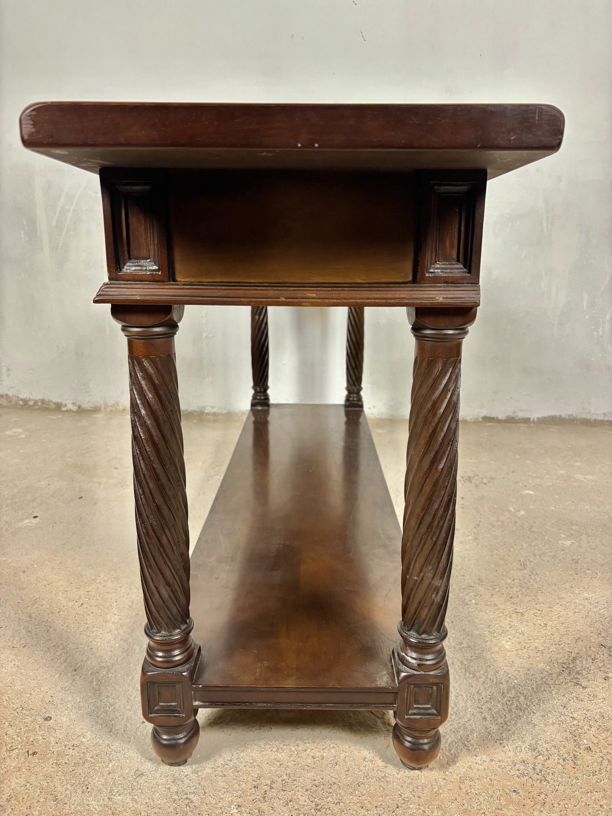 Large Spanish Walnut Rustic Console With Three Drawers And Lower Shelf, 1930s photo vintage