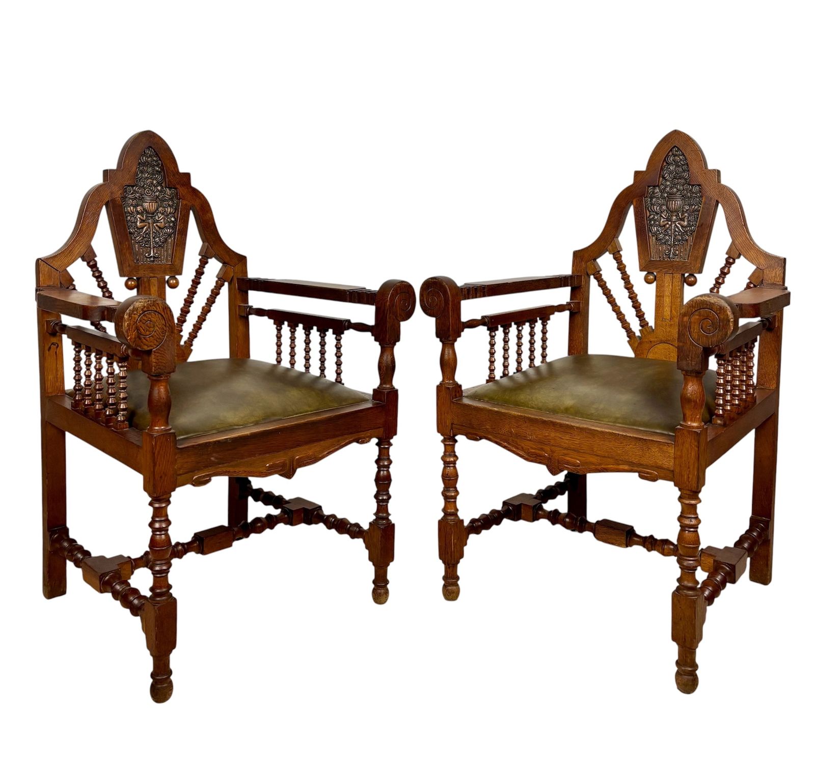Pair Of Spanish Revival Armchairs With Carved Crest, Early 20th Century