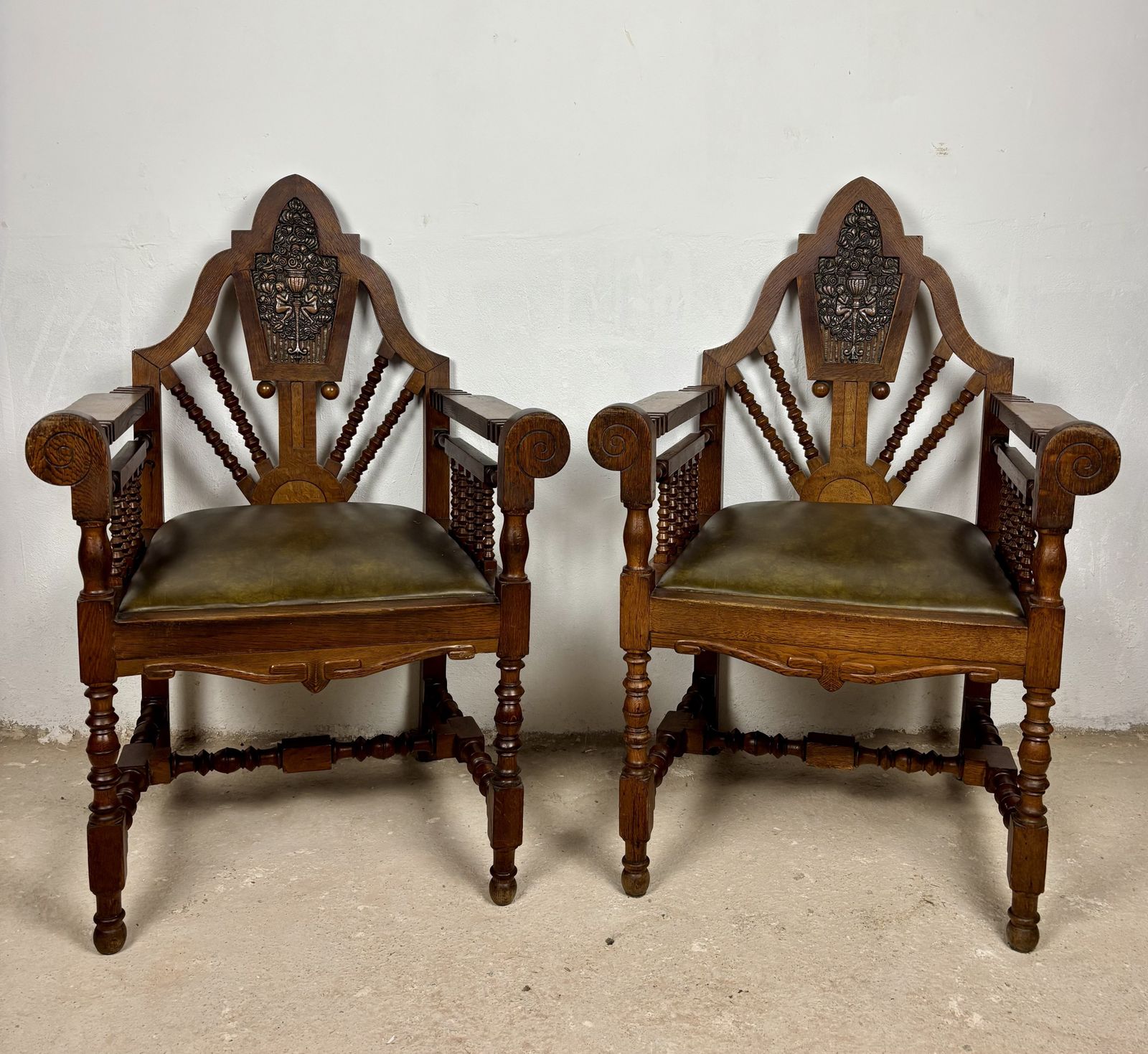 Pair Of Spanish Revival Armchairs With Carved Crest, Early 20th Century photo furniture