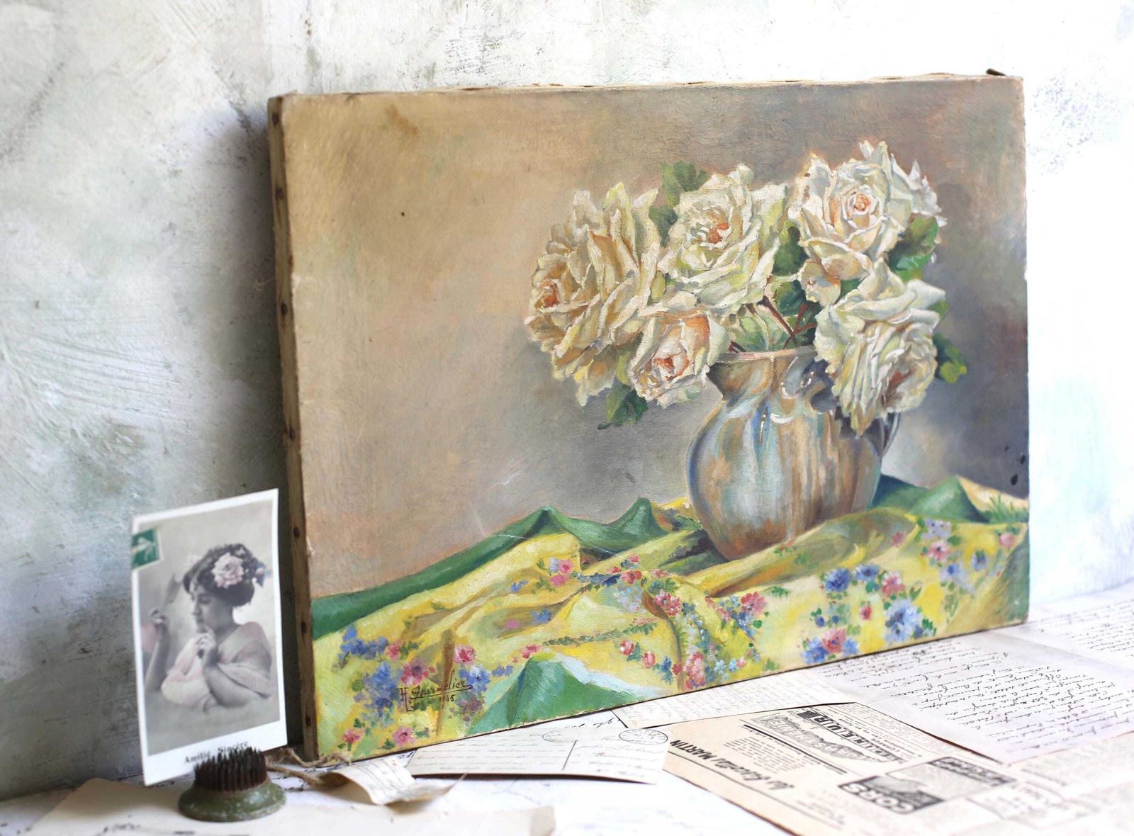 Original Antique Oil Painting Floral Canvas Art Still Life Pink Roses