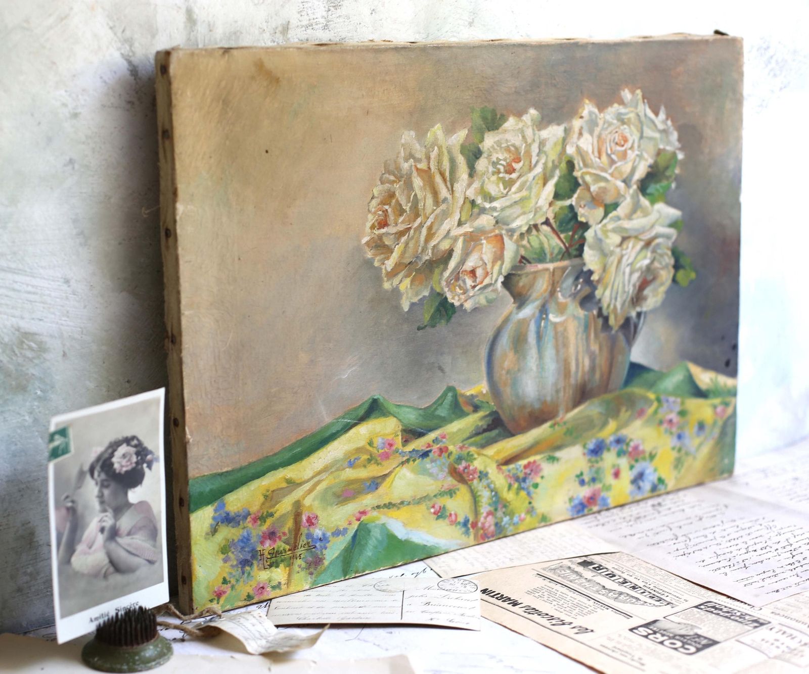 Original Antique Oil Painting Floral Canvas Art Still Life Pink Roses photo vintage