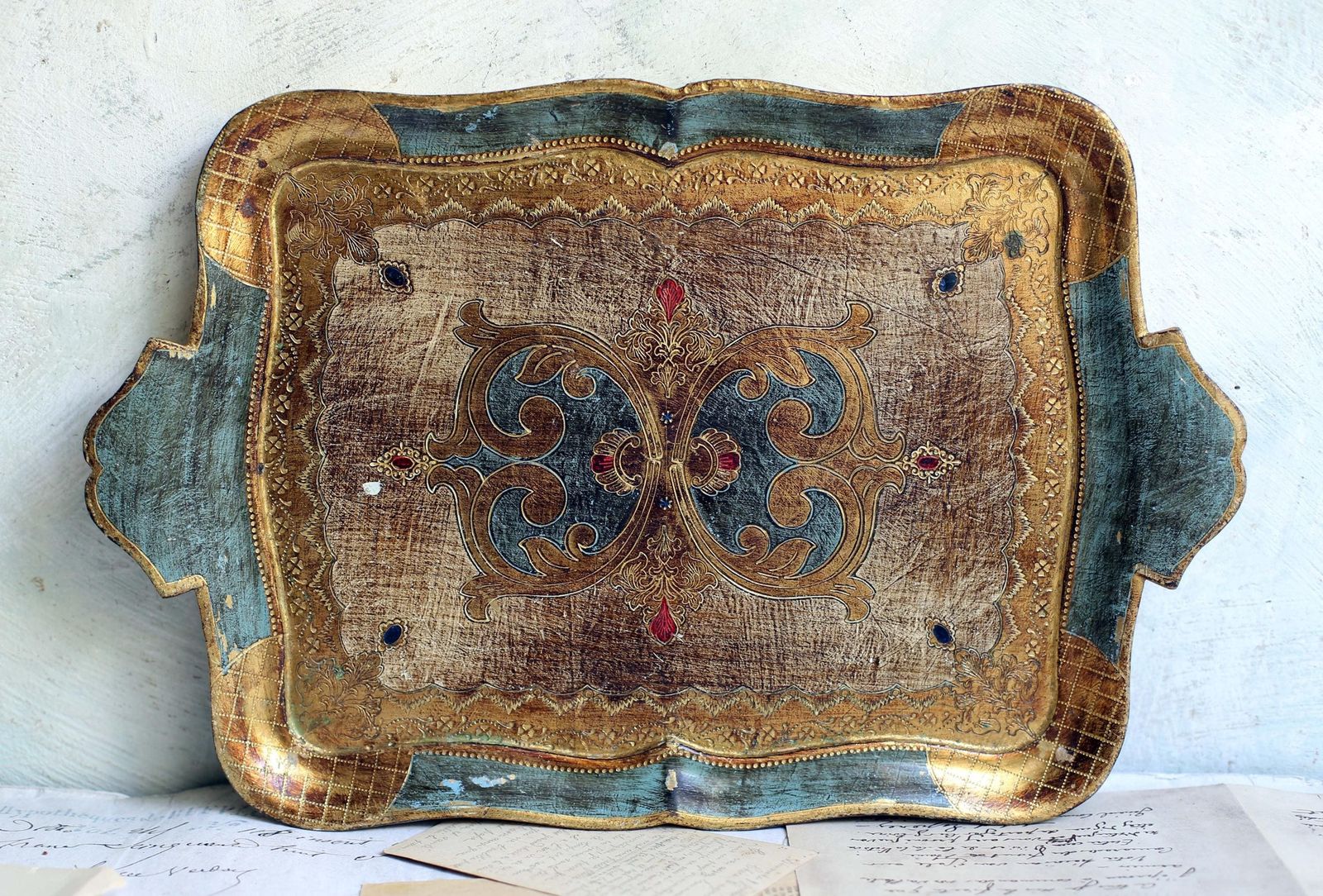 Florentine Tray Italian Blue & Gold Drinks Tray Vintage Barware Hollywood Regency Italian Serving Platter photo buy