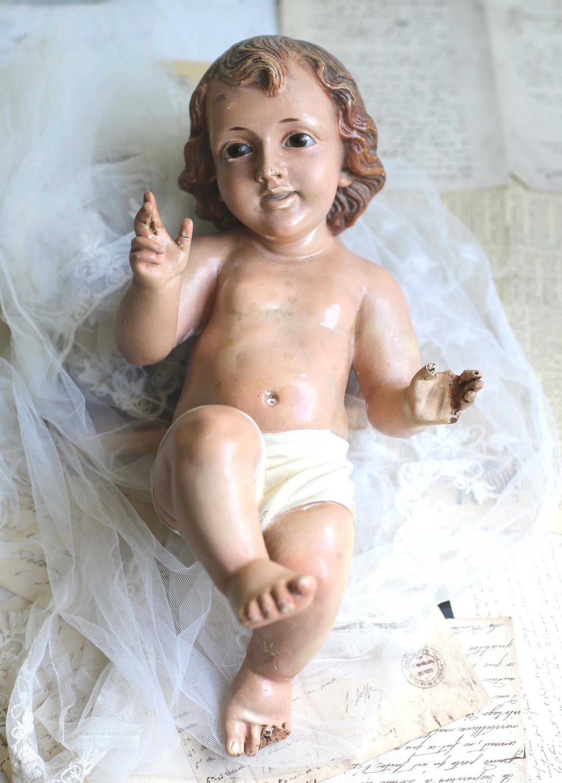 photo for sale Large Antique Baby Jesus With Glass Eyes Spanish Creche Statue Plaster Infant Christ Figurine For Nativity Scene