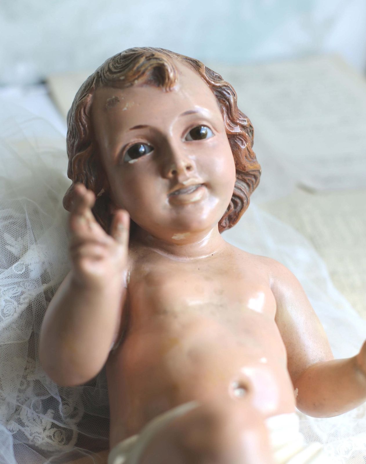 226.0 Large Antique Baby Jesus With Glass Eyes Spanish Creche Statue Plaster Infant Christ Figurine For Nativity Scene photo