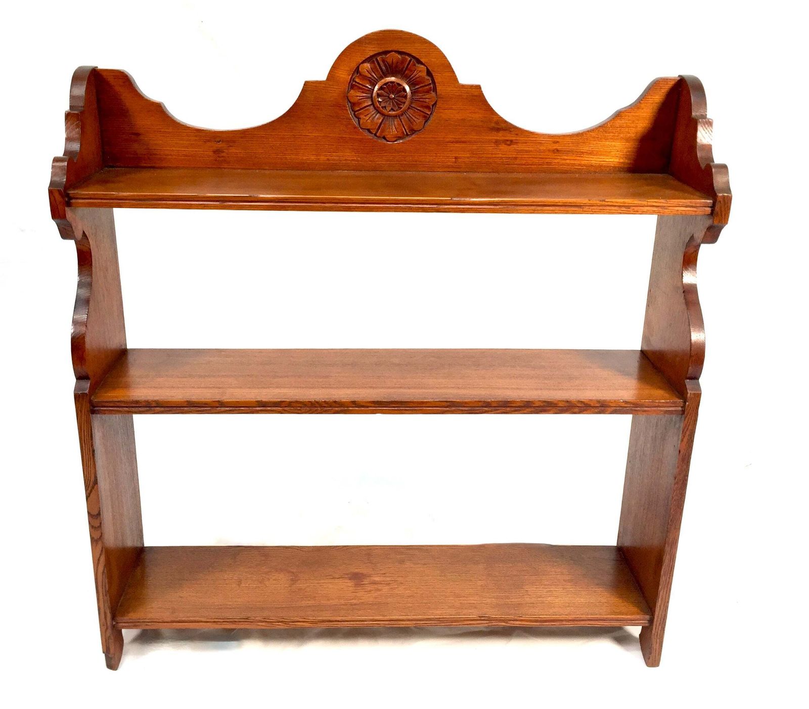 Antique Wooden Hand Carved Arts & Crafts Tabletop / Wall Shelf With Flower C1930 photo for sale