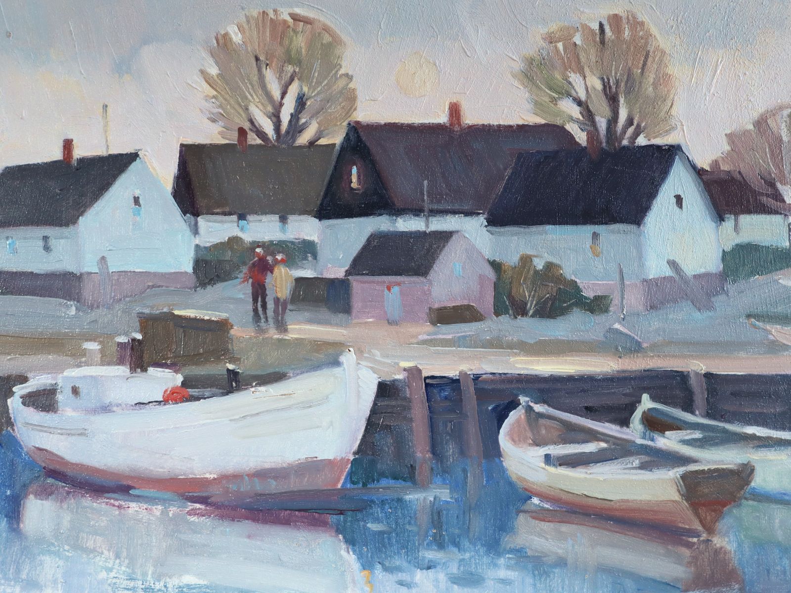 Cottages By Quiet Water  Oil Painting photo vintage