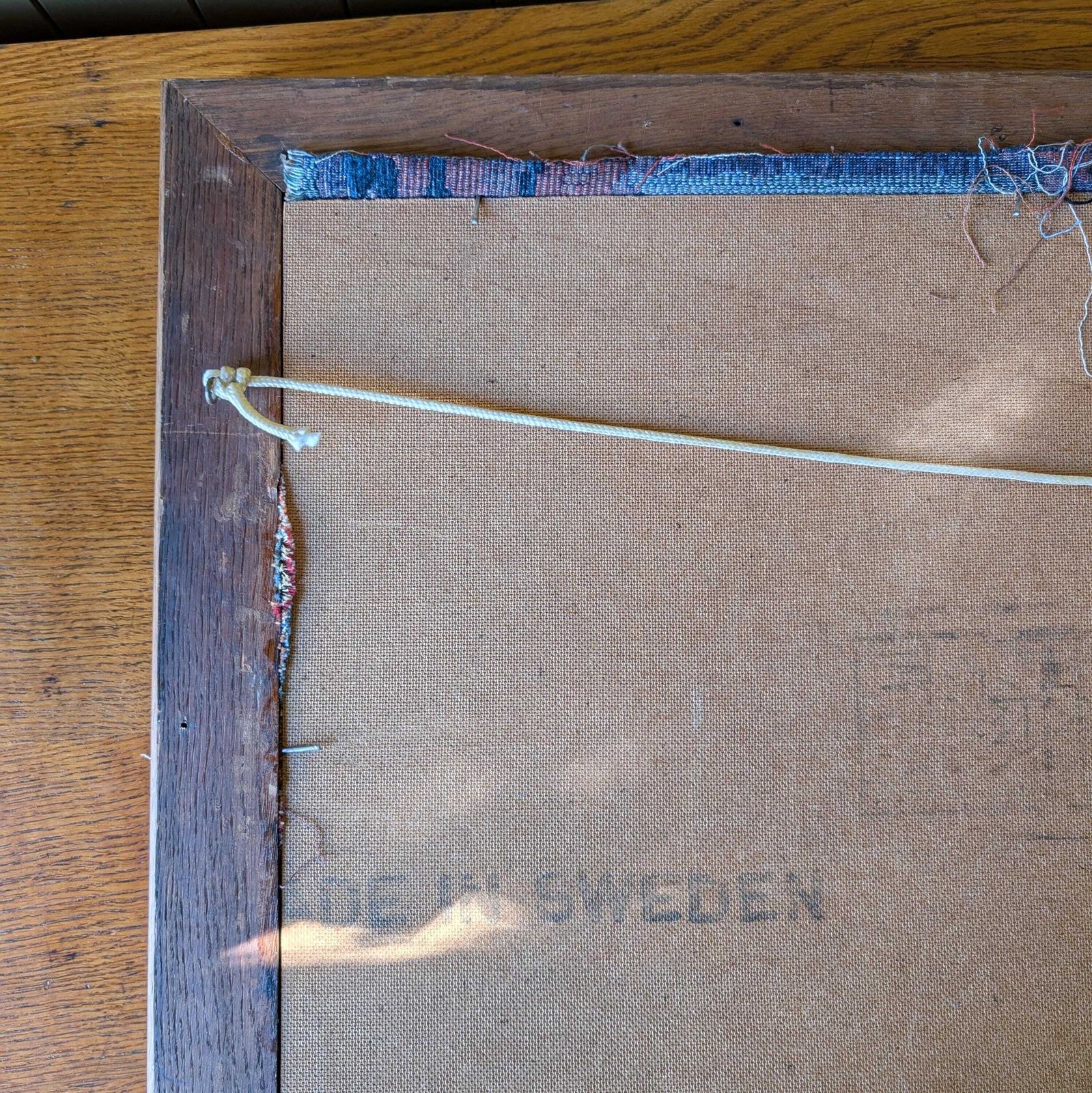 photo for sale Pair Of Vintage Mid Century Modern Swedish Flatweave Textiles In Oak Frames