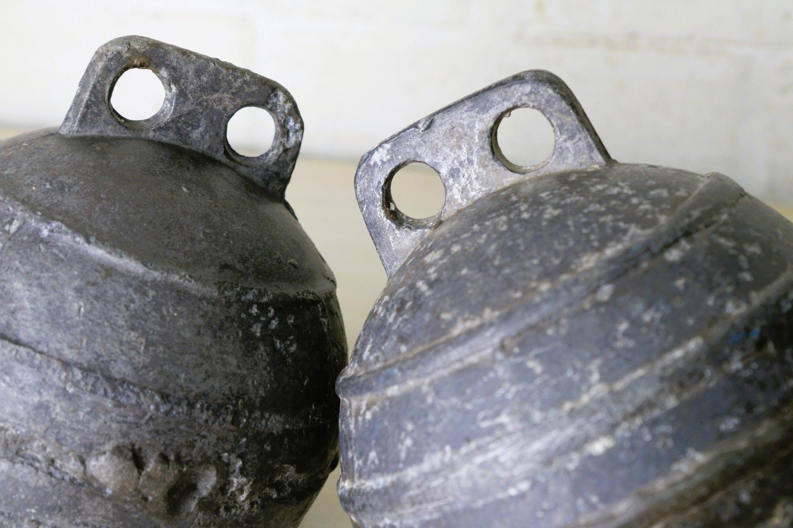Two Vintage/Antique Old Alloy Sea Fishing Buoys Floats Well Used And Weathered photo for sale