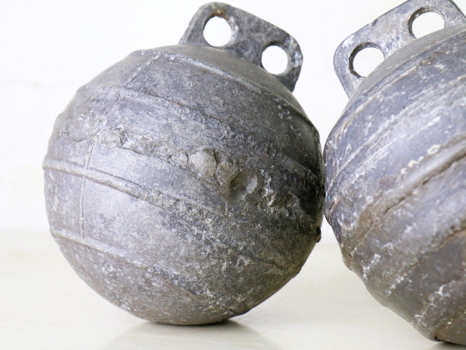 Two Vintage/Antique Old Alloy Sea Fishing Buoys Floats Well Used And Weathered photo Home Decor