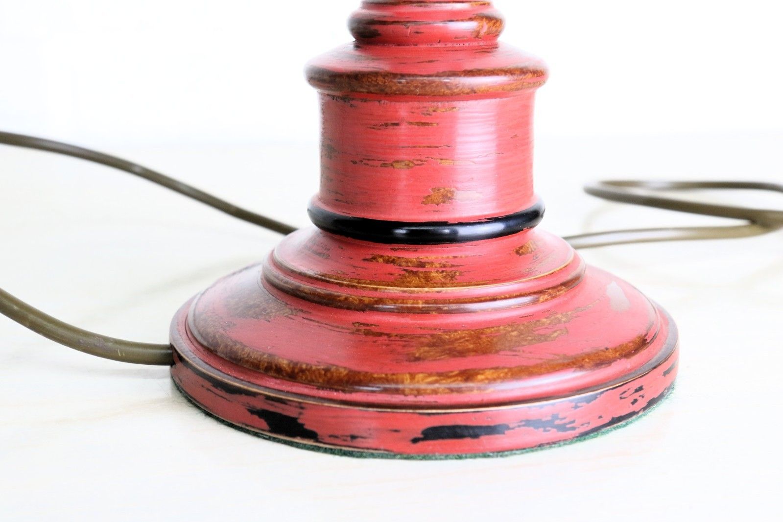 Table Lamp Vintage Turned Wooden Lamp Distressed Red Finish Antique Shaped 1980s photo vinterior