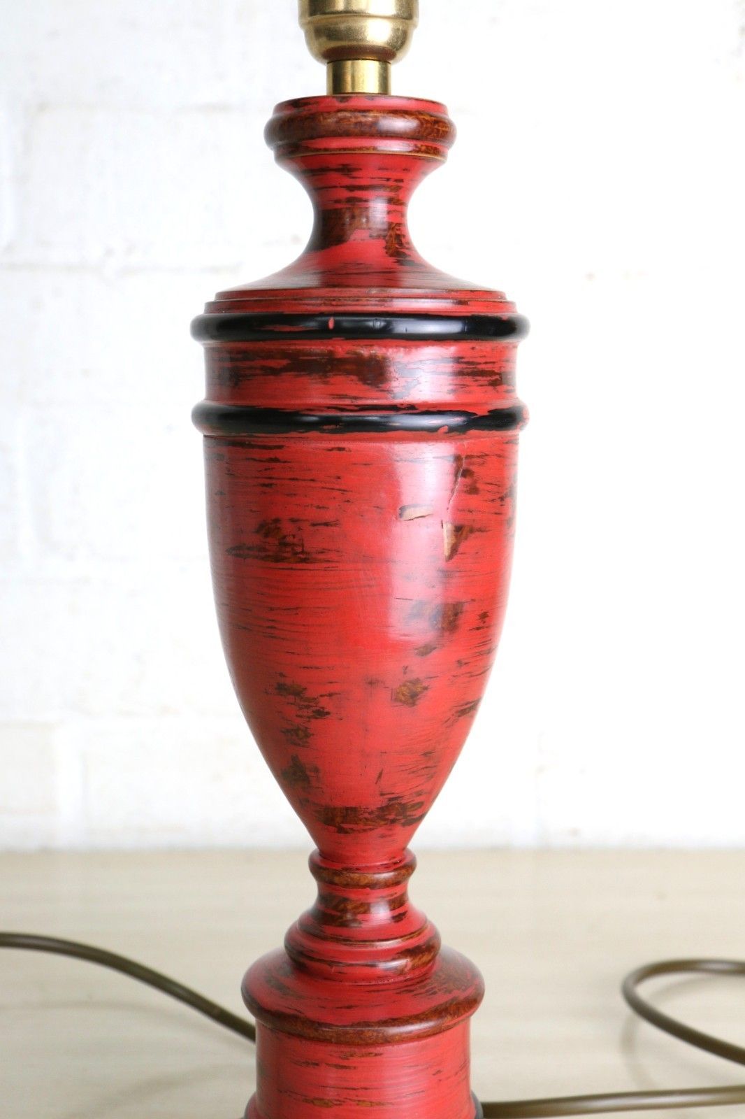 Table Lamp Vintage Turned Wooden Lamp Distressed Red Finish Antique Shaped 1980s photo buy