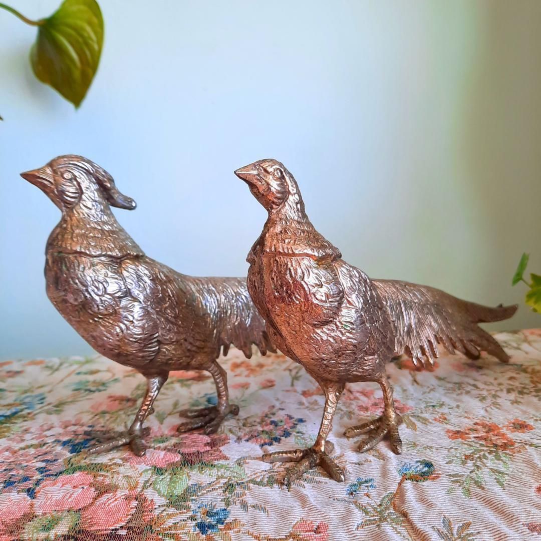 Large Mid Century Italian Silver Tone Pheasants Figures Pair, Italian Retro Home Decor, Metal Birds Figurines photo for sale