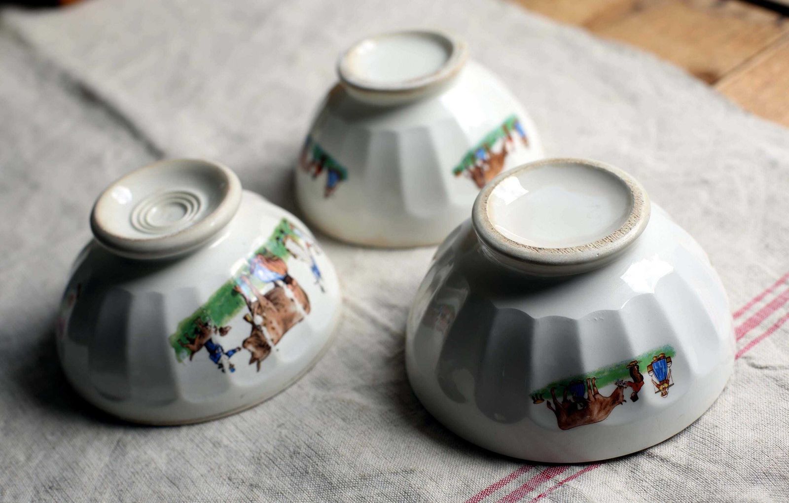 3 Antique French Cafe Au Lait Bowls Set Of Faceted Dishes Milk Maid Dairy Cows photo buy