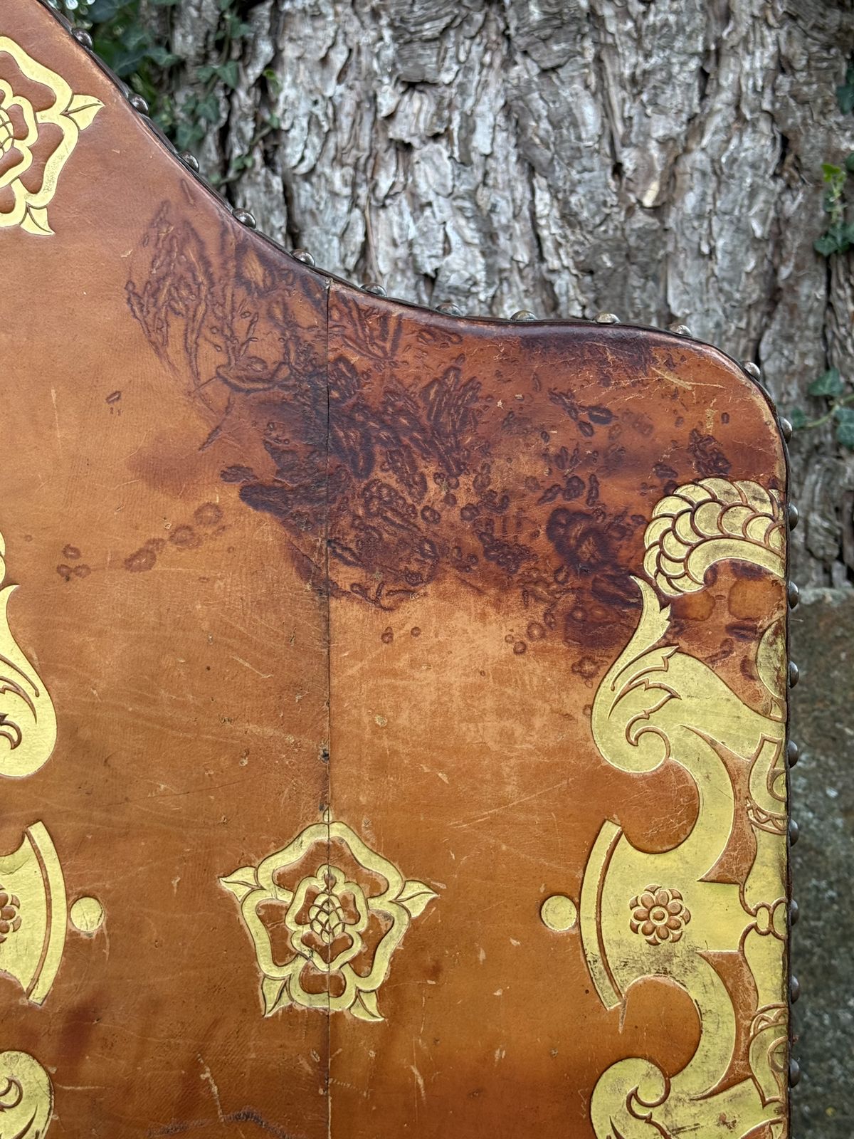 475.0 Pair Of Leather Gilt Single Headboards photo