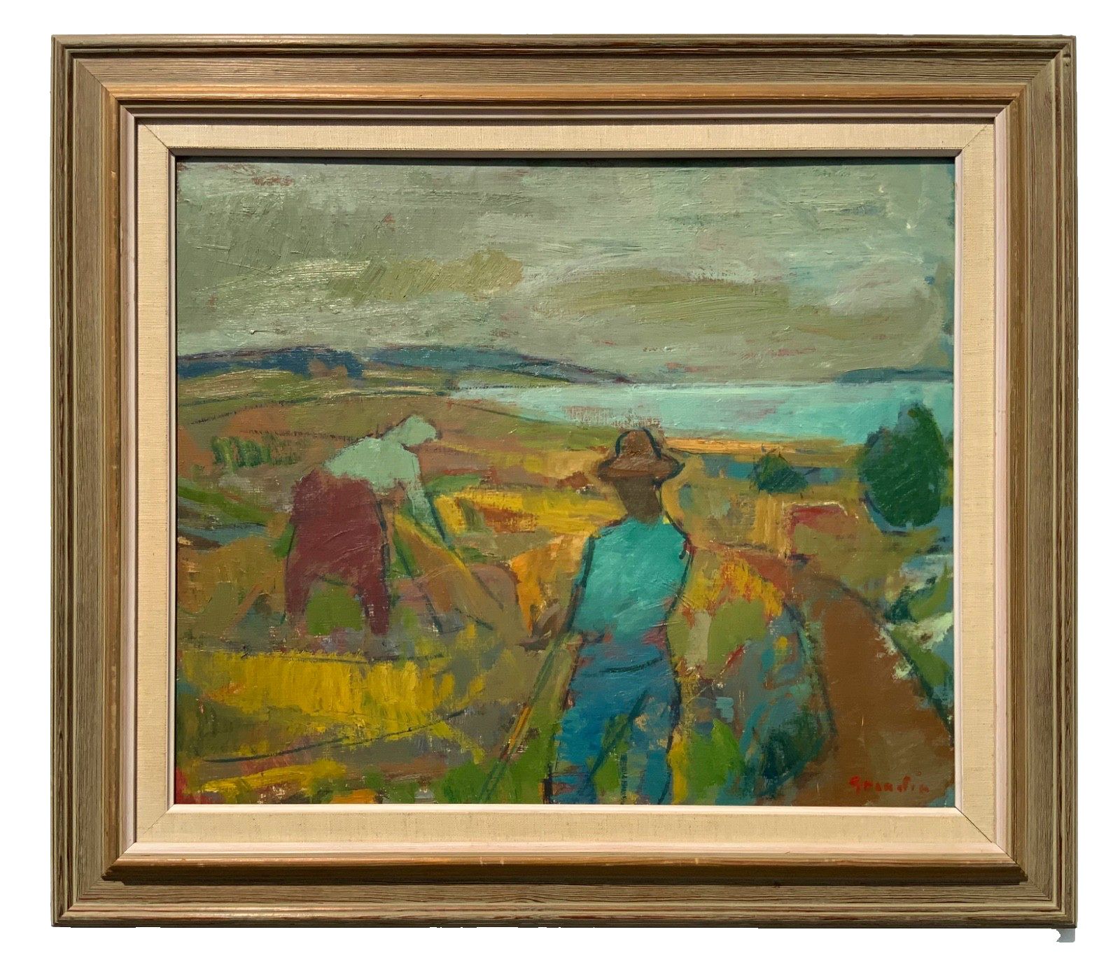Svan Grandin (1906  1982) Vintage Painting Landscape “Harvesters”, Signed