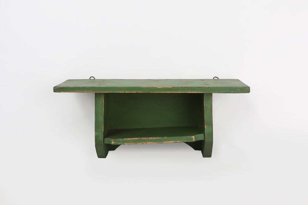 Small Rustic Green Wooden Wall Unit With Shelves, France, 1880s photo for sale