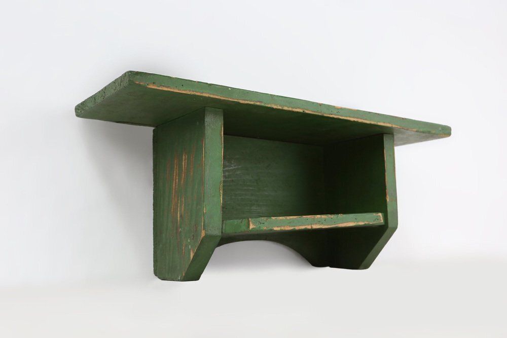 photo furniture Small Rustic Green Wooden Wall Unit With Shelves, France, 1880s