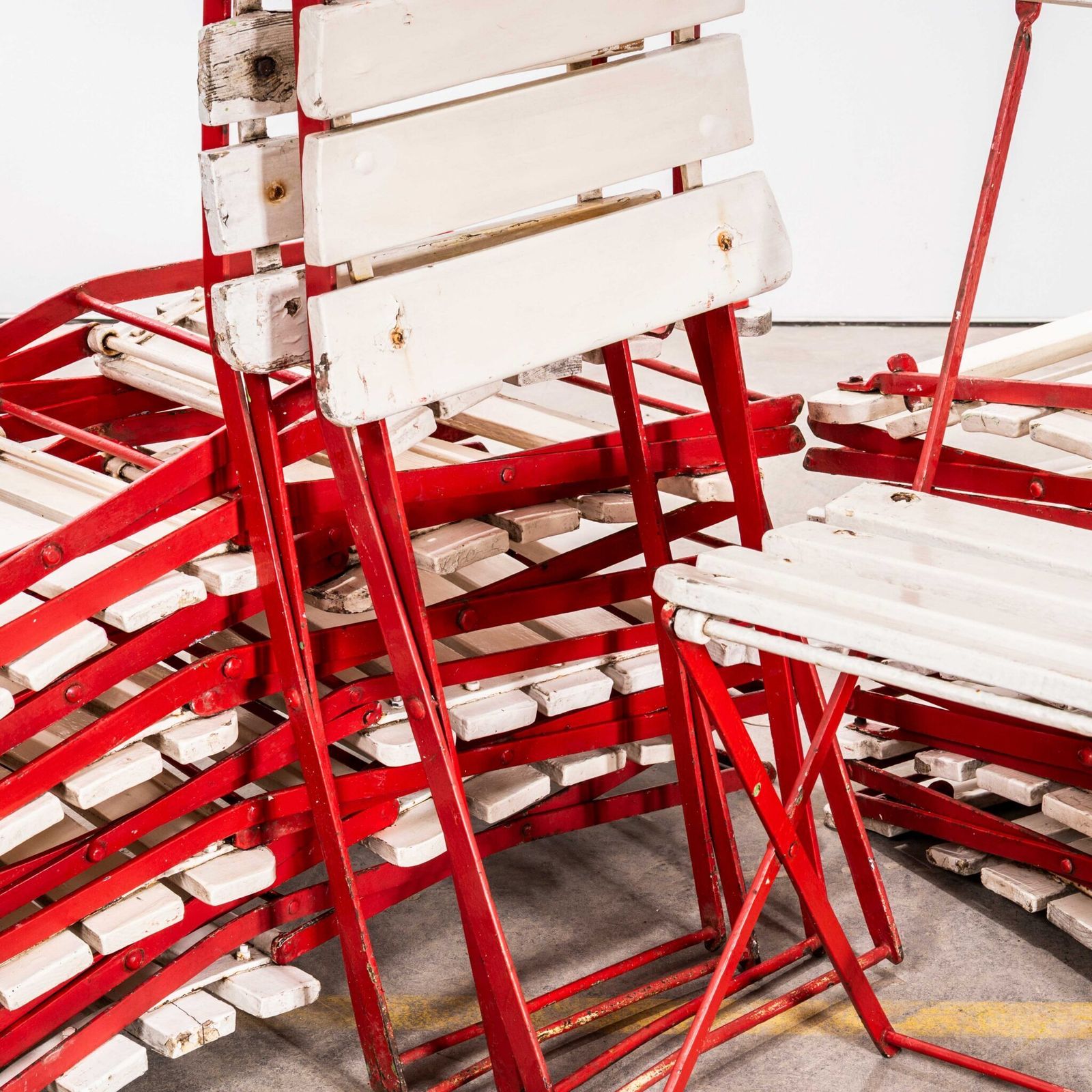 1950’s Slatted Red And White French Outdoor Folding Chairs photo for sale