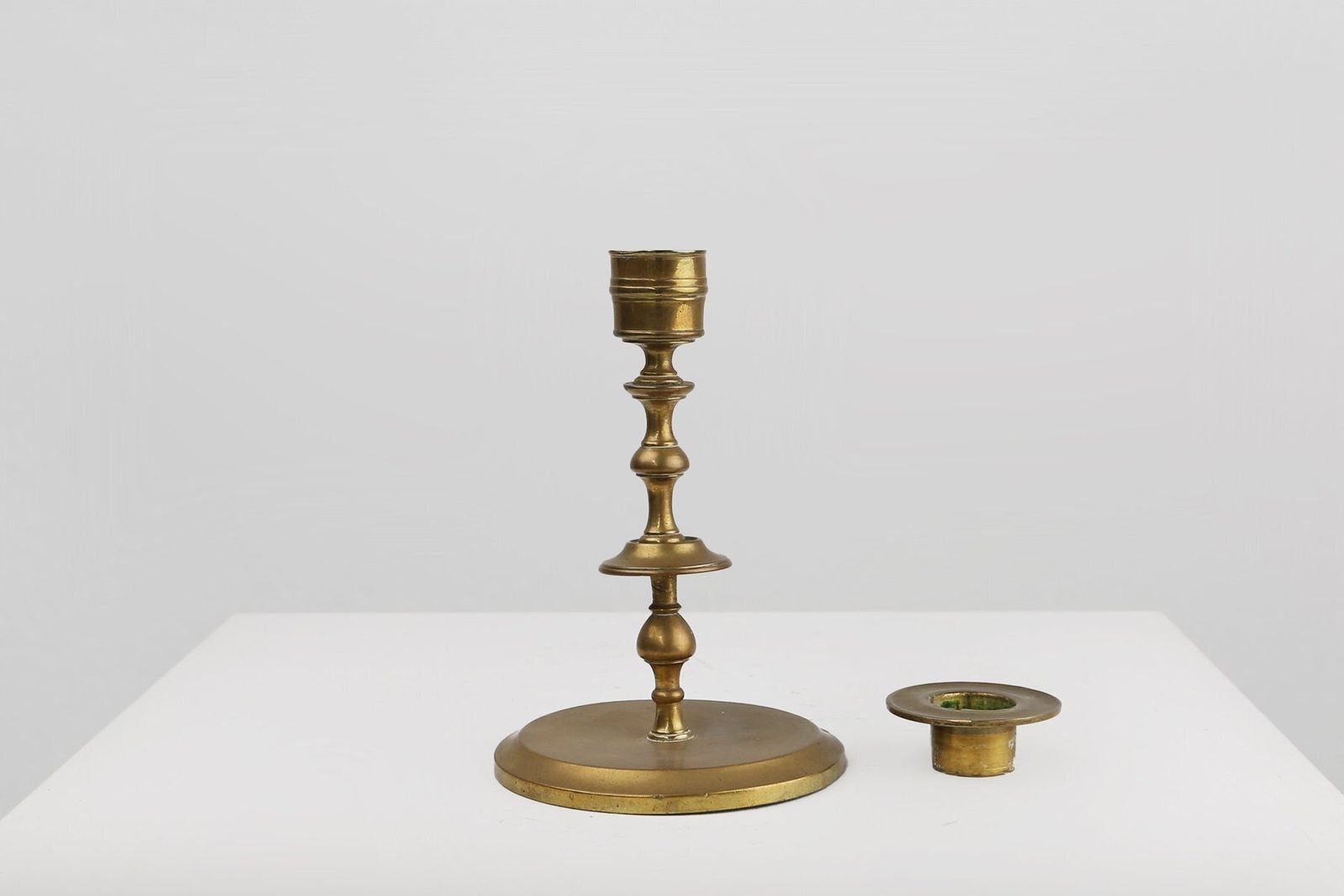Antique Flemish Copper Disc Candlestick, 15th Century photo vinterior